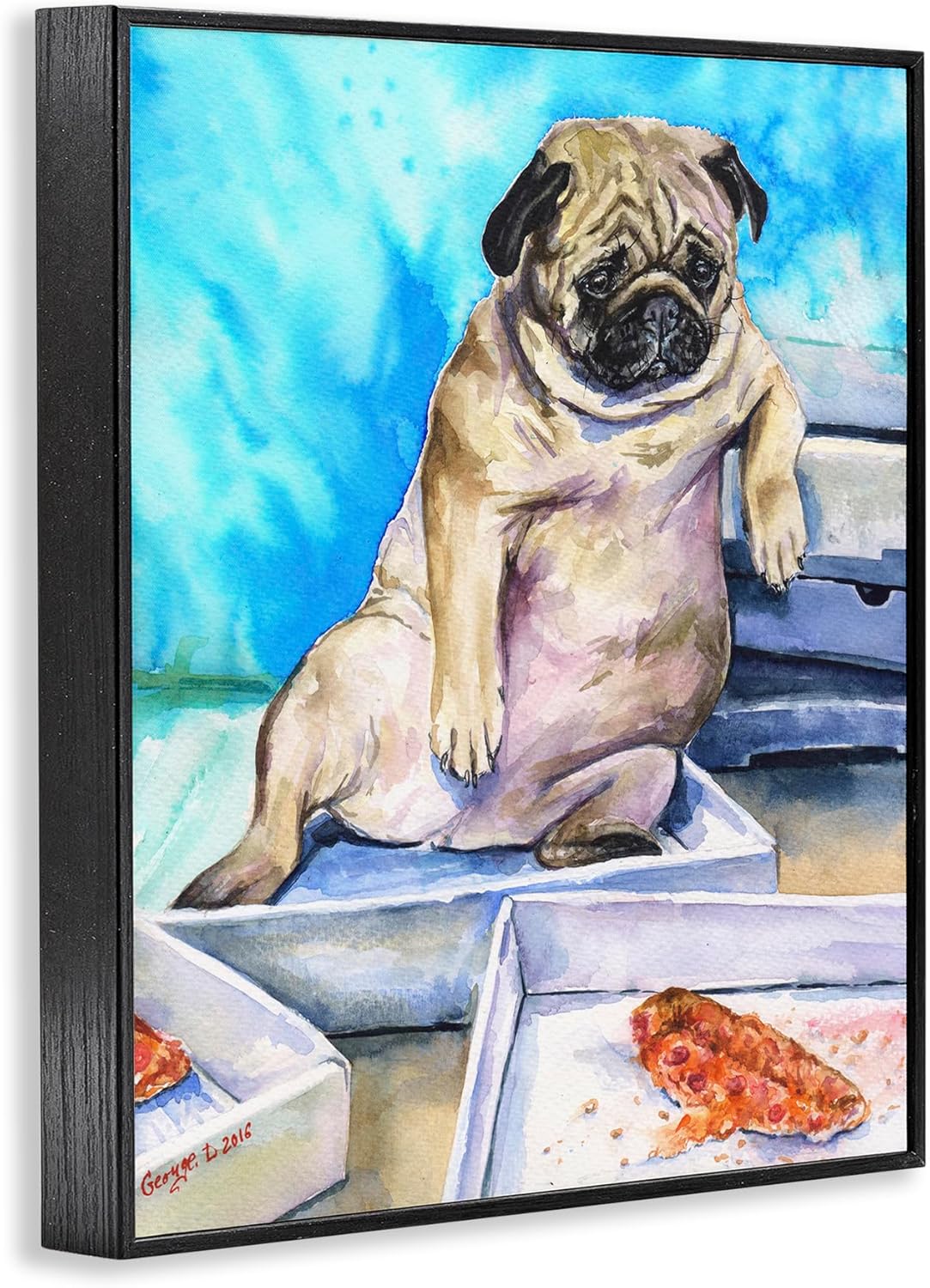 Stupell Industries 'Chubby Pug Dog with Pizza Boxes Pet Portrait', Framed Giclee Art, Black, 11 x 14 Inches, Easy to Hang and Sturdy, Made in USA, by George Dyachenko