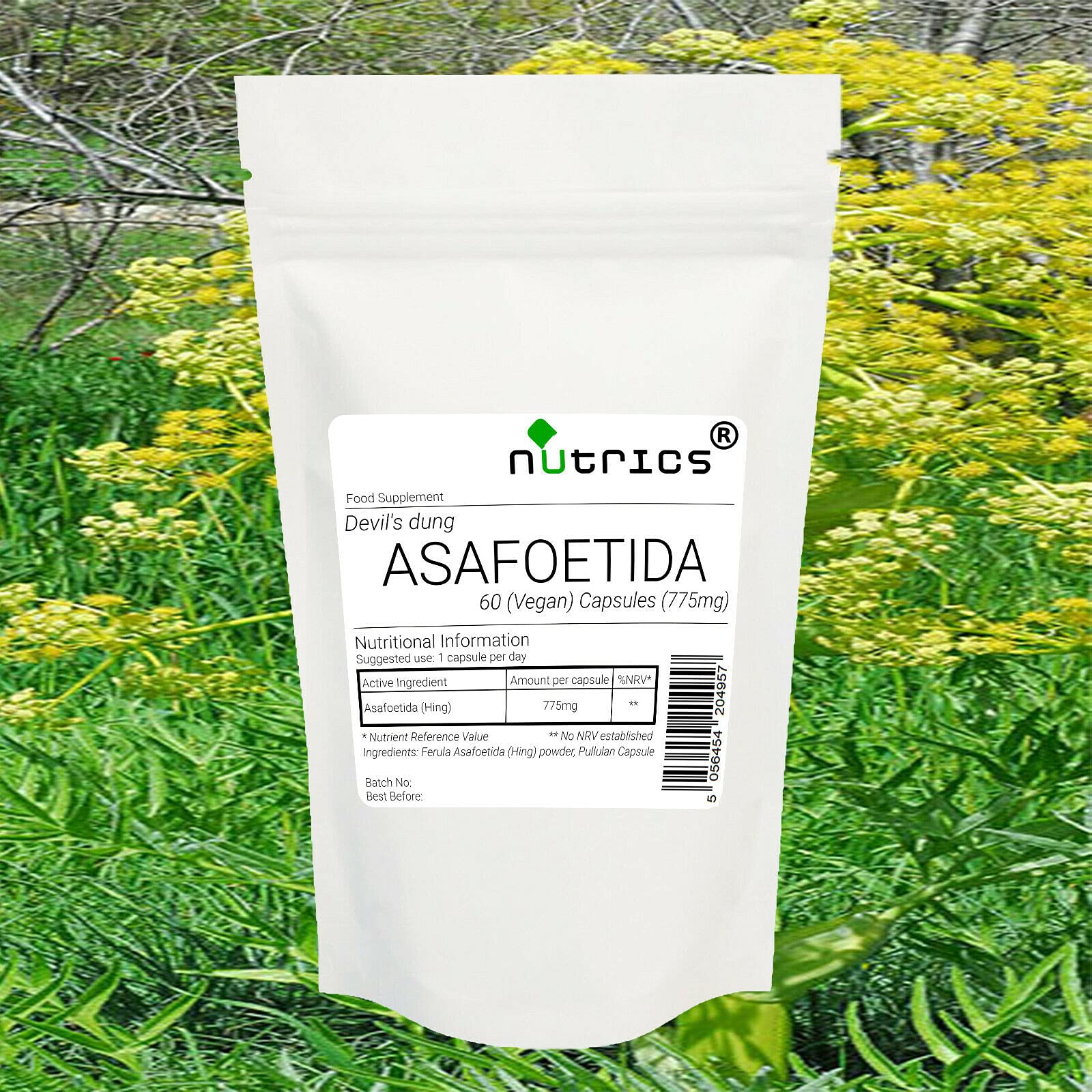 Nutrics® Asafoetida Ferula 775mg - 100% Pure V Capsules Hing - 60 Capsules (2 Months Supply) Suitable for Vegan Vegetarian Halal & Kosher