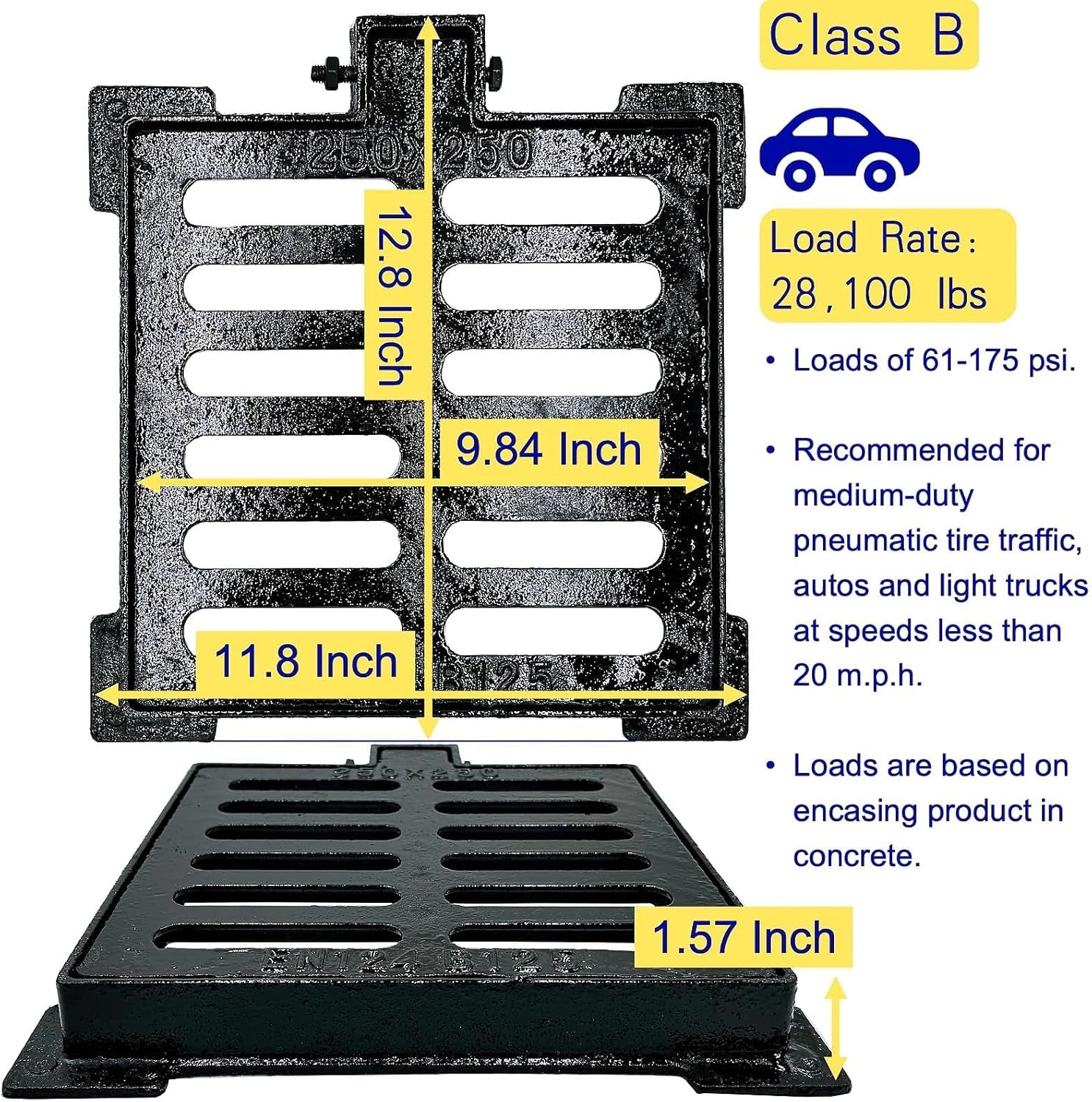 Cast Iron Drain Grate and Frame 10x10 in, B-Class 28100 lbs Heavy-Duty Driveway Channel Cover, Outdoor Trench Drainage Grate with Base, Square Metal Sewer Cover for Garage (True 9.8" ISL)
