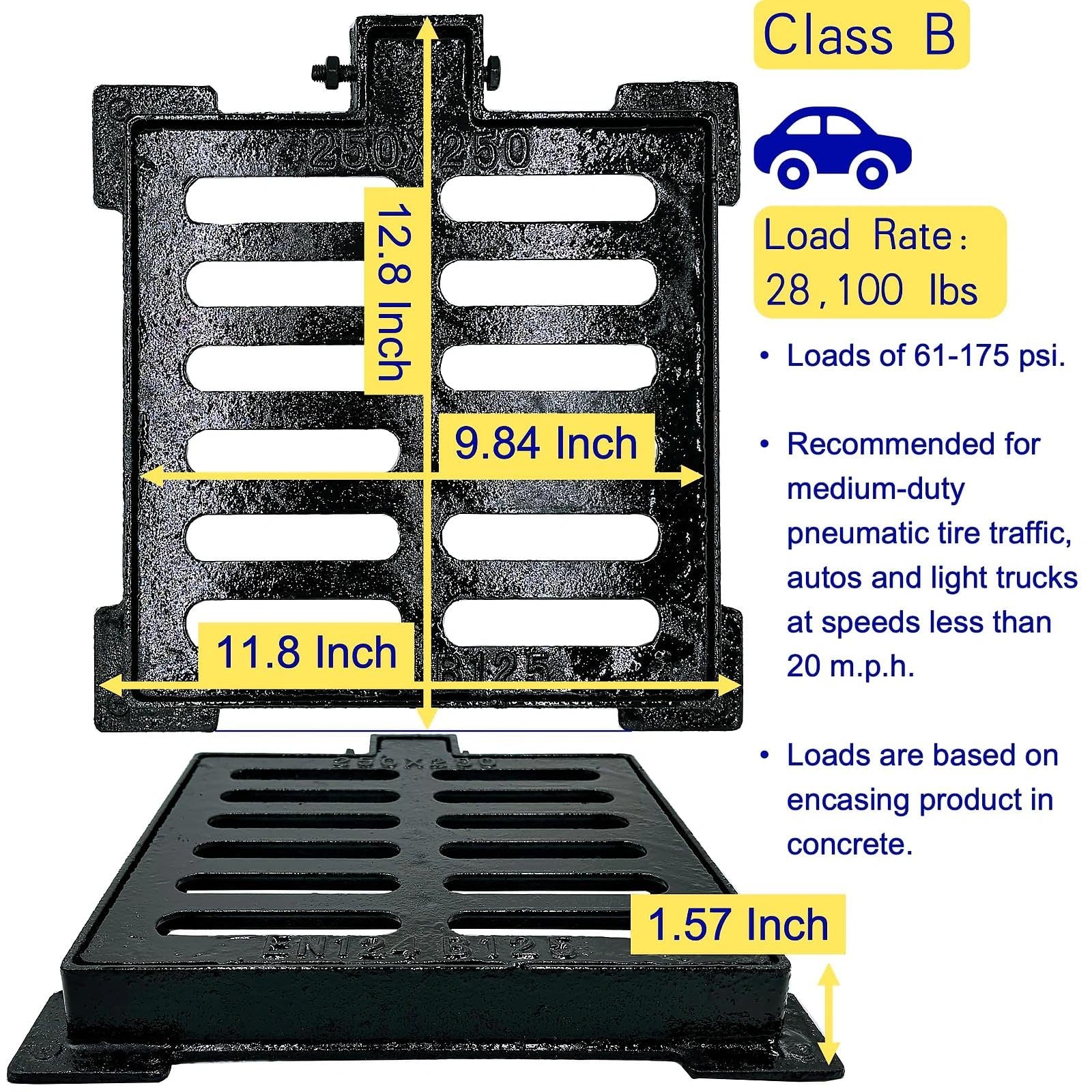Grille de Drain avec Cadre en Fonte Ductile 230x230 mm Ouverture Libre, B125 Haute Résistance Carrée, Grille de Caniveau pour Allée et Cour, Dimensions Totales 325x300x40 mm