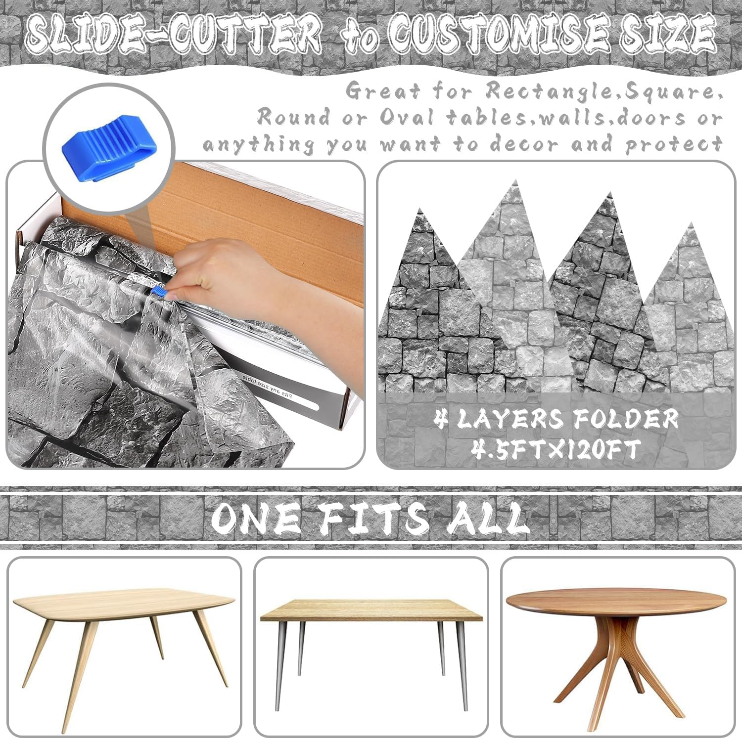 Medieval Brick Stone Wall Tablecloth Roll with Cutter Box Disposable Plastic Table Covers Castle Backdrop Grey Antique Background Knight Themed for Birthday Halloween Party (240 feet)