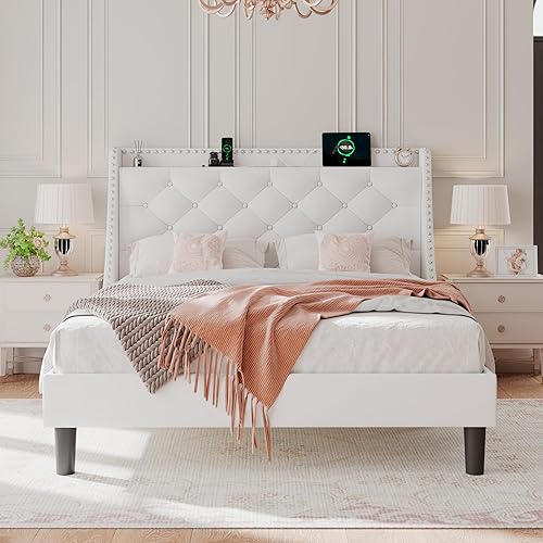 Miniatura 73 de Base de cama tamaño Queen con cabecero de almacenamiento capitoné con botones en la parte trasera y puertos tipo CA, plataforma tapizada, soporte de