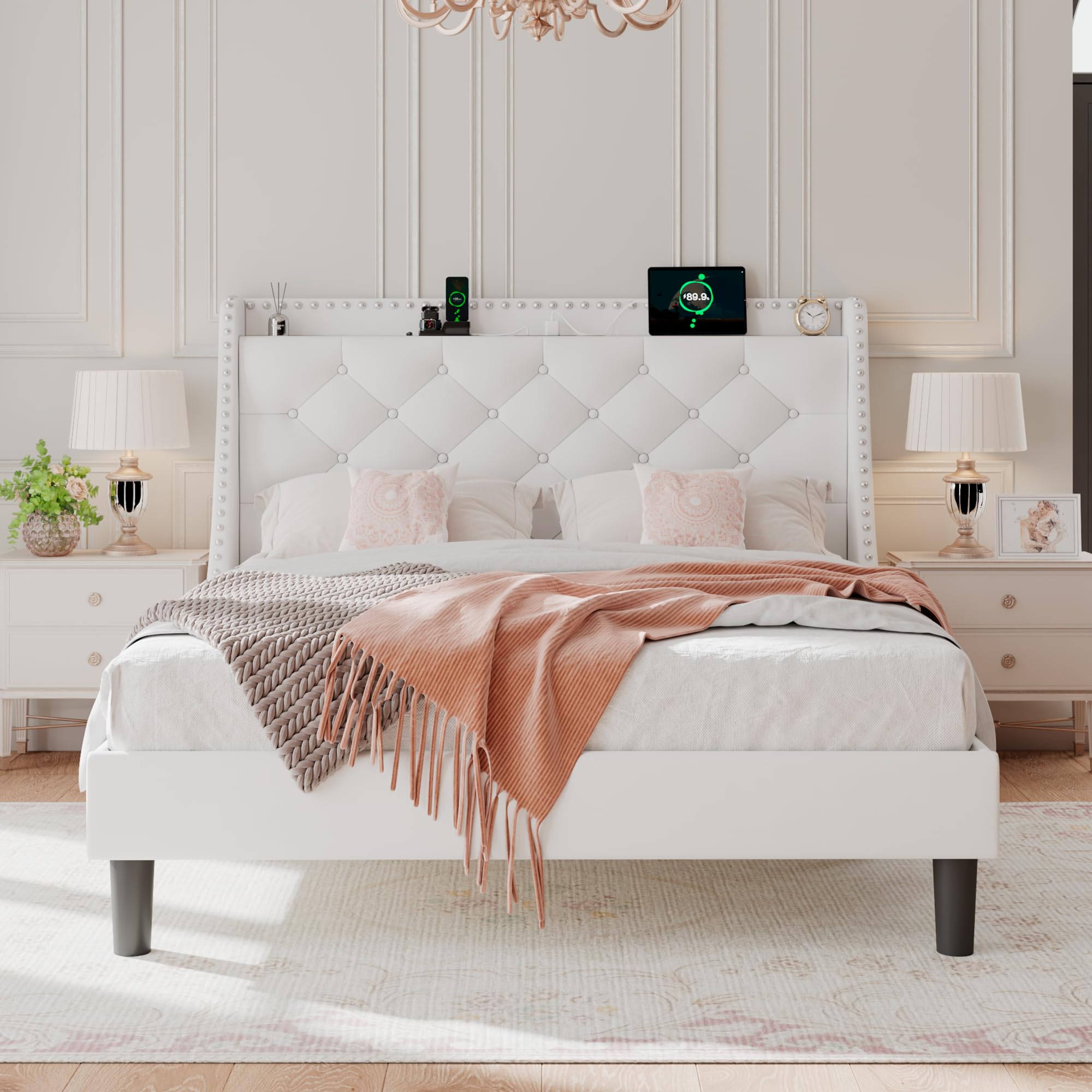 Einhomn Velvet Queen Size Bed Frame with Wingback Button Tufted Storage Headboard, Upholstered Platform Bed with Type-C Ports, Heavy Duty Slats