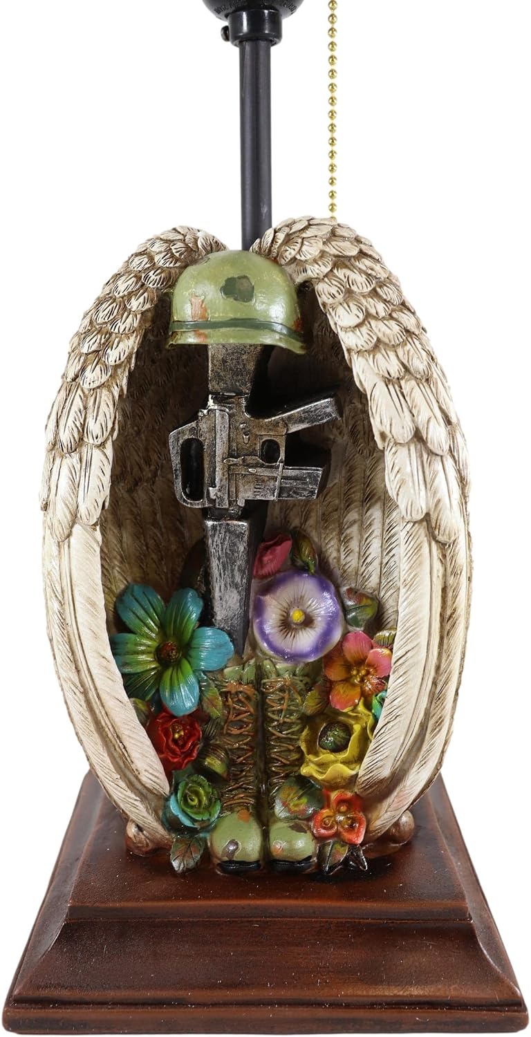 Ebros Gift Rustic Patriotic American Fallen Soldier Angel Winged Rifle Helmet and Boots with 3D Floral Succulents Solemn Memorial Desktop Side Table Lamp with Brown Faux Leather Laced Shade