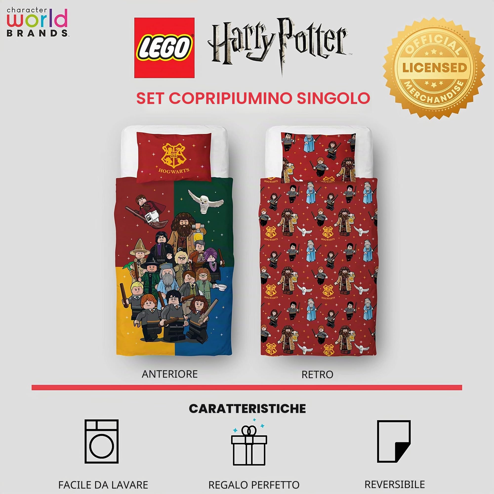 HARRY POTTER Set copripiumino singolo LEGO® con licenza ufficiale LEGO® | Biancheria da letto reversibile su 2 lati con federa coordinata, in policotone, design LEGO® | Character World Brands