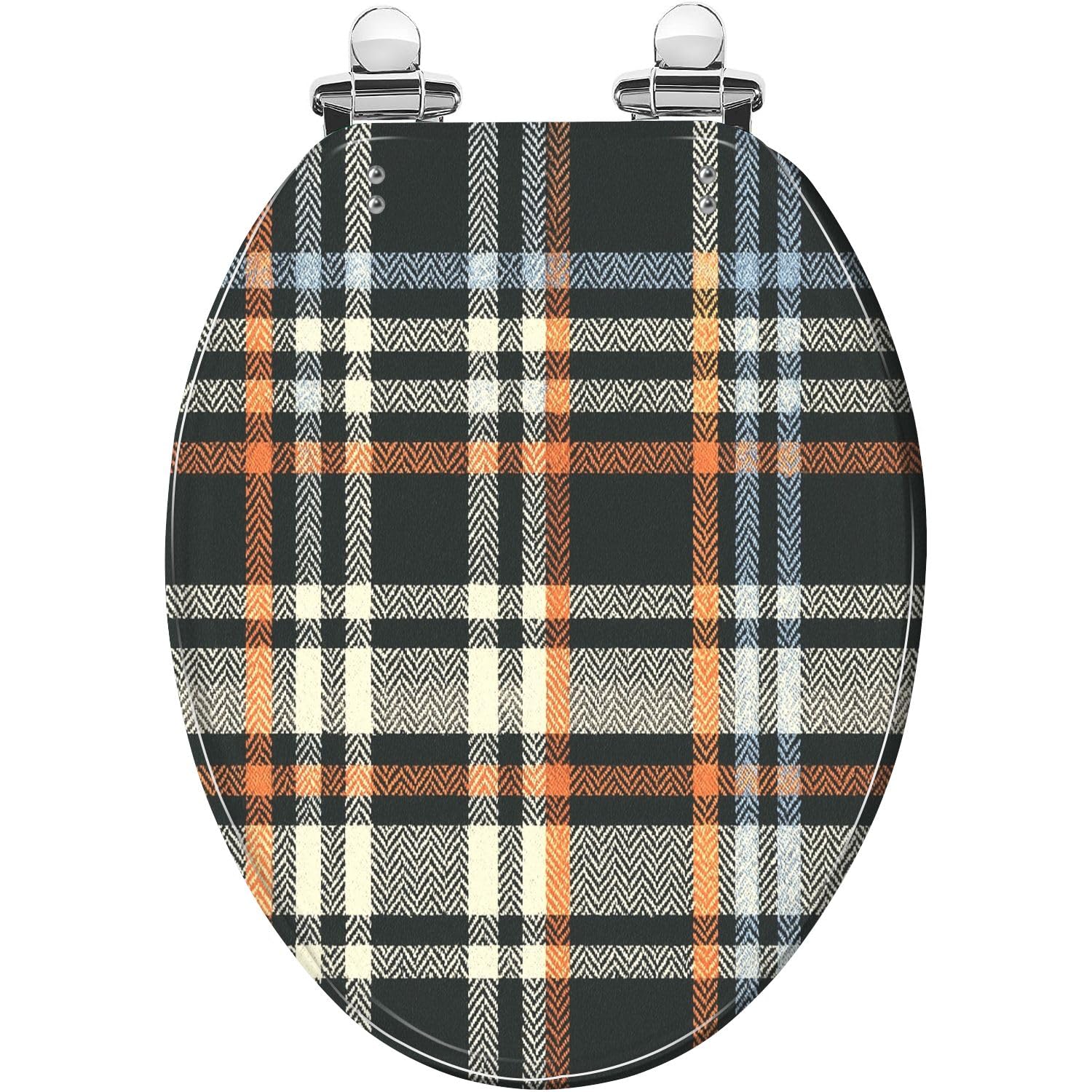 Elongated Toilet Seat Plaid pattern orange blue brown beige for autumn winter Seamless Resin Toilet Seat Quietly Close Quick Release Hinges with Cover Bumpers Decorative Easy to Install Clean