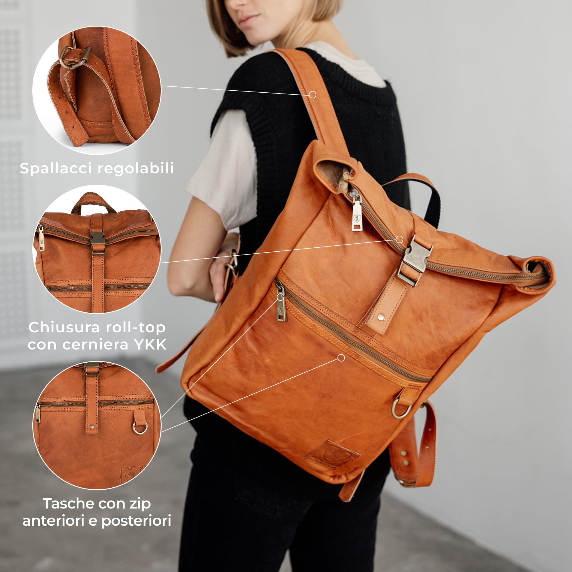 Berliner Bags Zaino Utrecht M in Vera Pelle Conciata al Vegetale, Rolltop con Scomparto per Laptop 15”, Formato Medio per Lavoro e Città, Uomo e Donna – Marrone