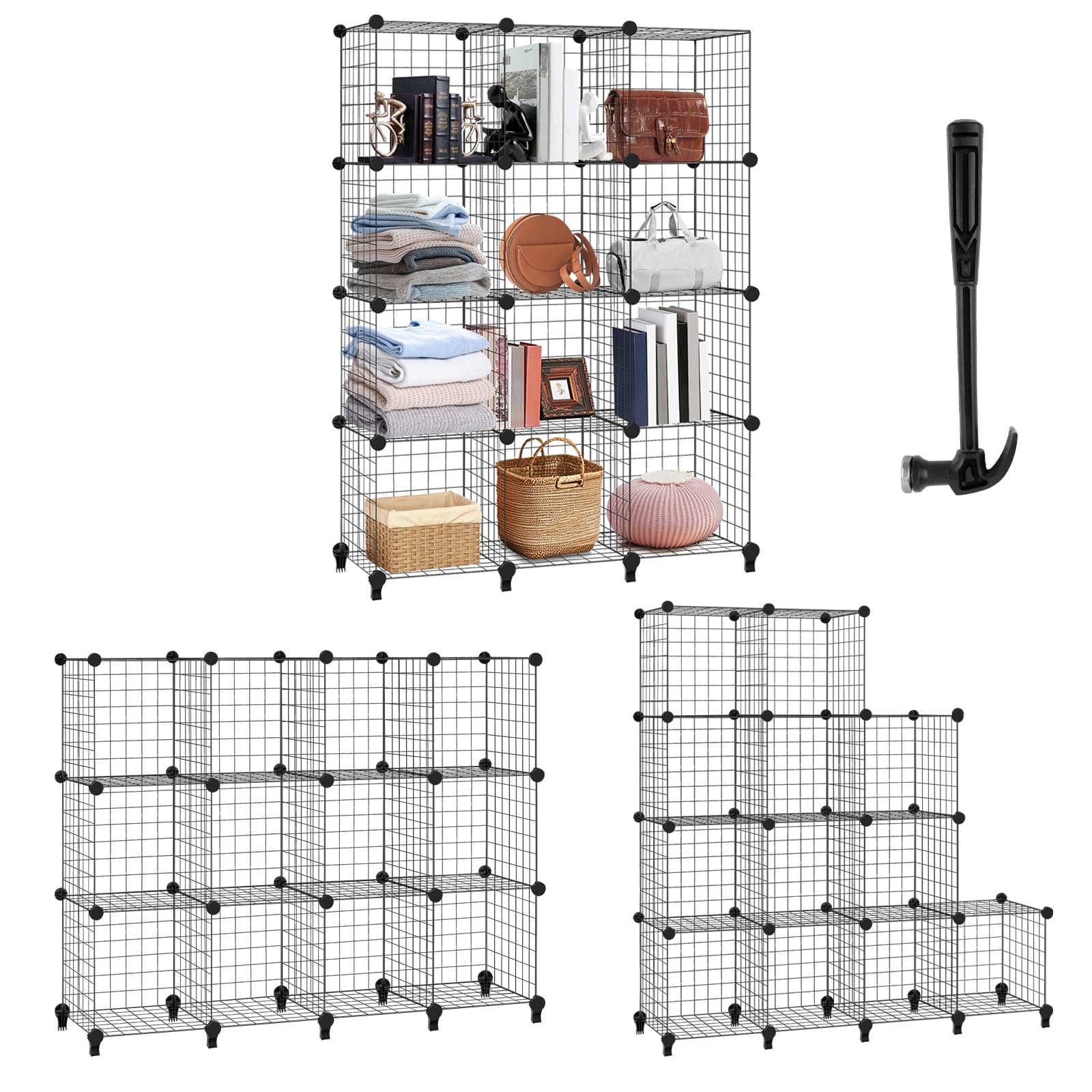 12 Cube Storage Unit, Cube Wire Grid Stackable Storage Shelves, Metal Wire Cube Storage Shelf Rack, Cube Interlocking Storage Rack, Shoe Cabinet Modular Mesh Panel Organizer, for Office/Livingroom