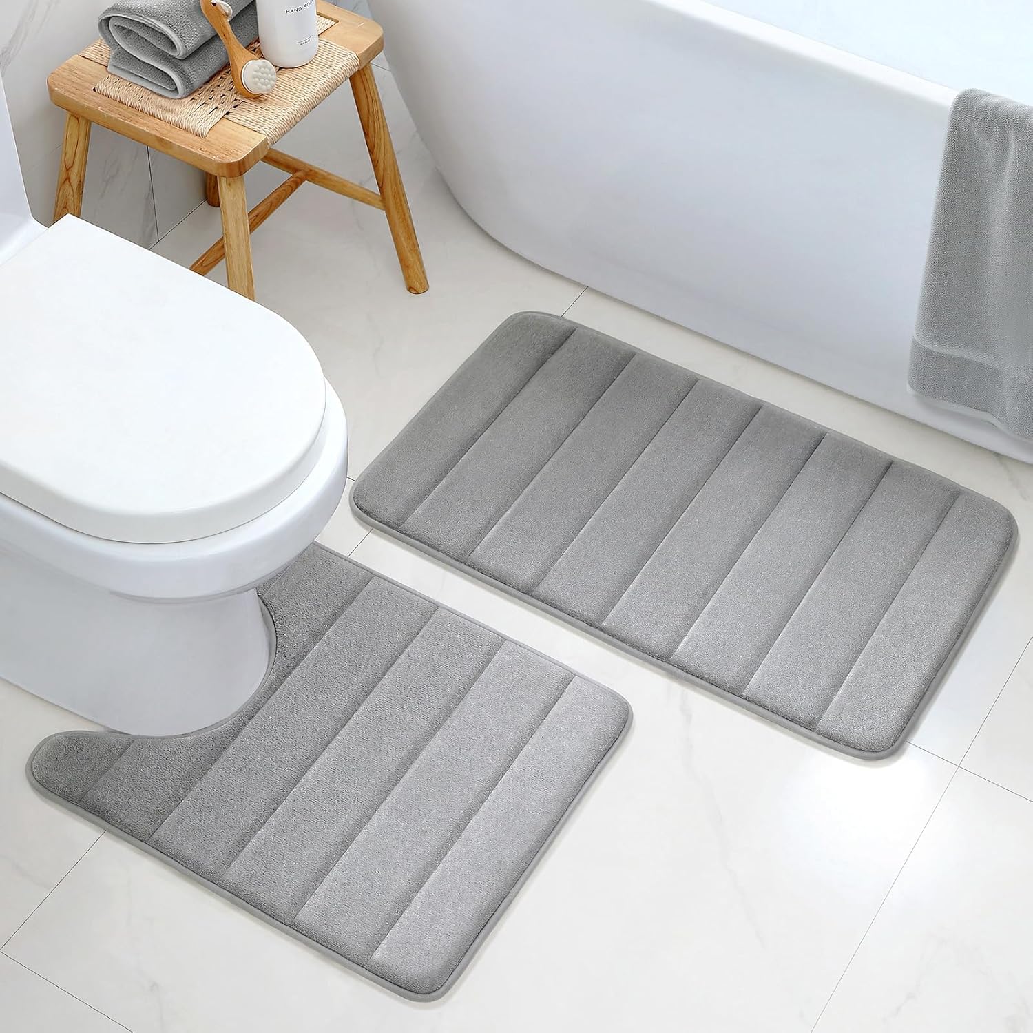 BYSURE Bathroom Rugs Sets 2 Piece, Memory Foam Non Slip Extra Soft Absorbent Machine Washable Toilet Bath Mats (Grey, 20x32+U-Shaped 20x24)