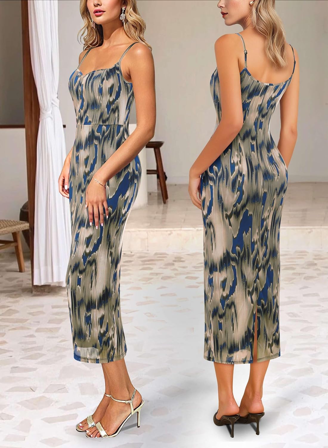 VFSHOW Womens Summer Spaghetti Strap Cocktail Party Midi Dress 2026 Sweetheart Neck Beach Wedding Guest Slip Bodycon Dresses