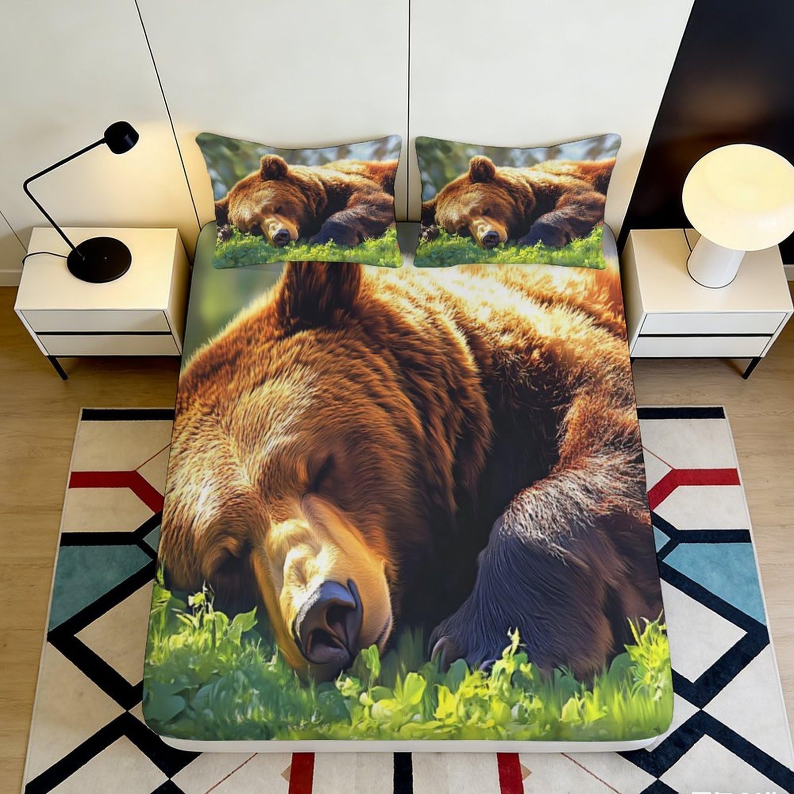 3D Printed Sleeping Bear Fitted Sheet Microfiber Soft Animal Forest Mattress Cover Anti-Slip Washable for Bedroom Dorm Decor 90x200x25cm