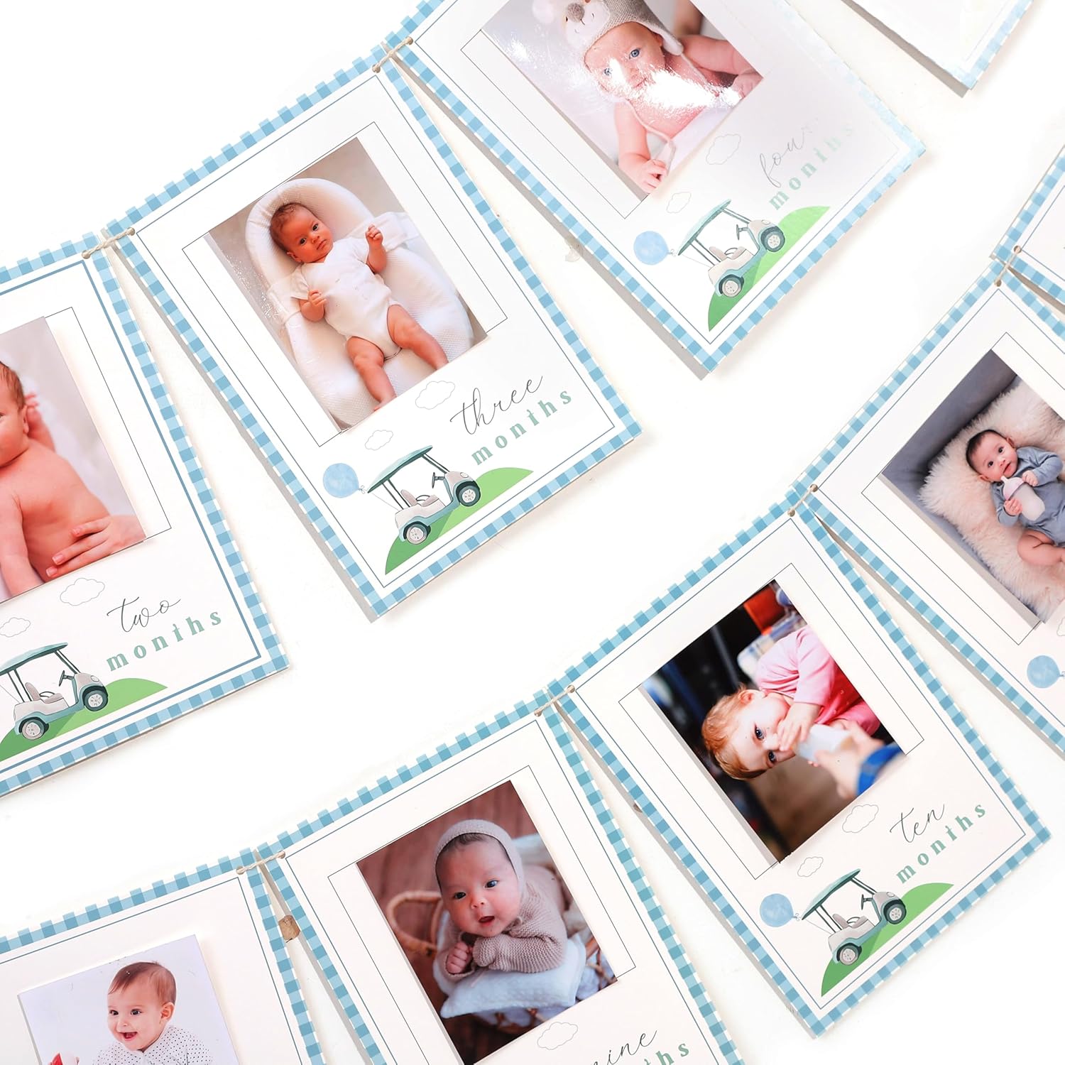Monthly Milestone Golf Theme Photo Banner, Blue Gingham Border, Baby First Year Memory Cards, 80x5.5 Inches, 12 Month Picture Display - Image 2