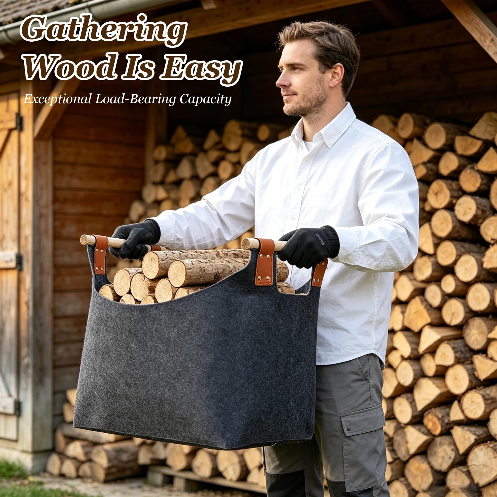 Canasta De Leña 45 x 32 x 40 cm 60L, Cesta de fieltro Fieltro extra grueso y asa reforzada, Cesto para leña plegable Bolsa, para Guardar Periódicos y la Chimenea