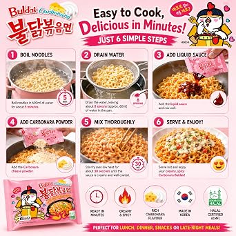 Buldak Noodles Carbonara Hot Chicken Flavor Ramen 10 Pack - Ramen Instant Noodles Excellent for Snack and Soups - Packed in EDE Group Box