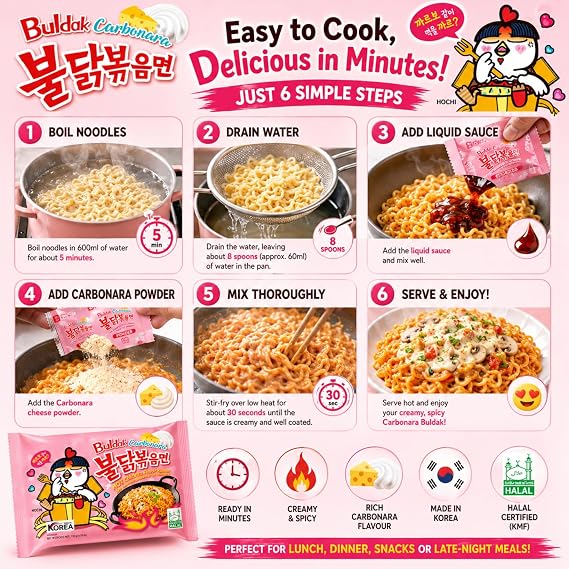 Buldak Noodles Carbonara Hot Chicken Flavor Ramen 10 Pack - Ramen Instant Noodles Excellent for Snack and Soups - Packed in EDE Group Box