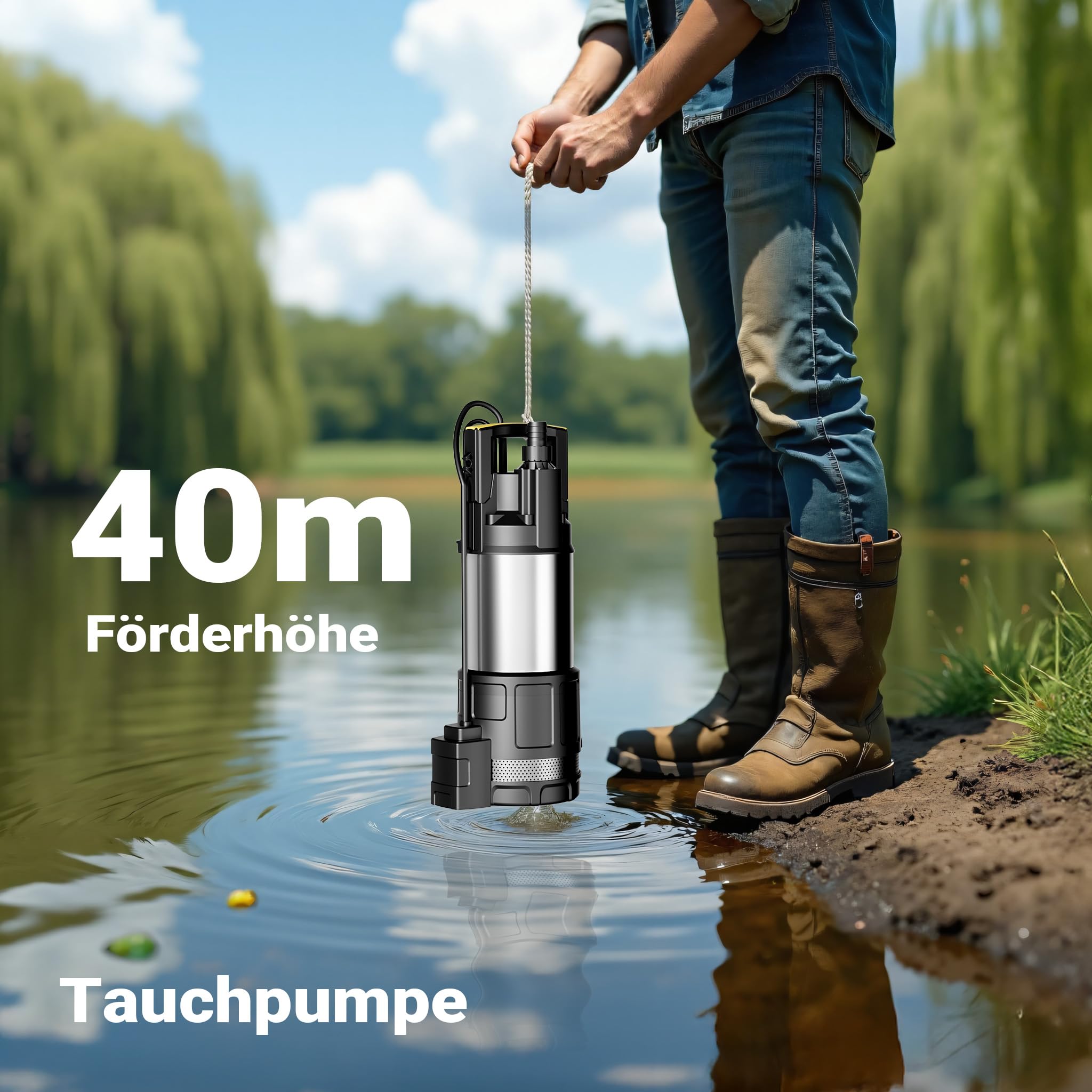 Wiltec Tauchpumpe mit Trockenlaufschutz und Schwimmerschalter 1200 W, Tiefbrunnenpumpe 6000 l/h, Wasserpumpe mit Schwimmer bis 7 m Tiefe & 40 m Förderhöhe