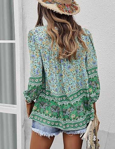 Miniatura 4 de KAYWIDE - Blusa informal de manga larga, con cuello en V y estampado floral para mujer, blusa de estilo bohemio para playa