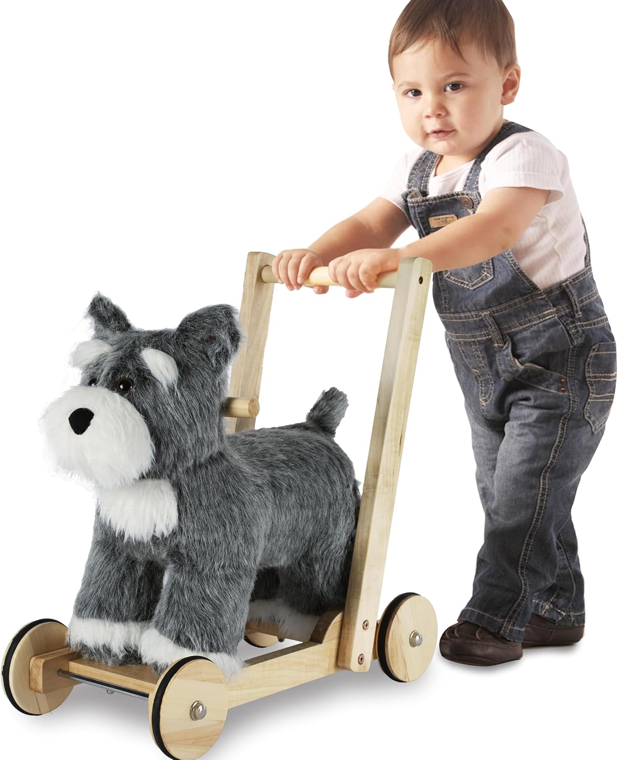 Wooden Baby Walker, 2-in-1 Baby Push Walker & Ride On Toy for Toddlers 12M+, Learning to Walk Toy with Sweet Music, Soft Cuddly Dog Toy for Boys Girls (Schnauzer Dog) CPC Certified