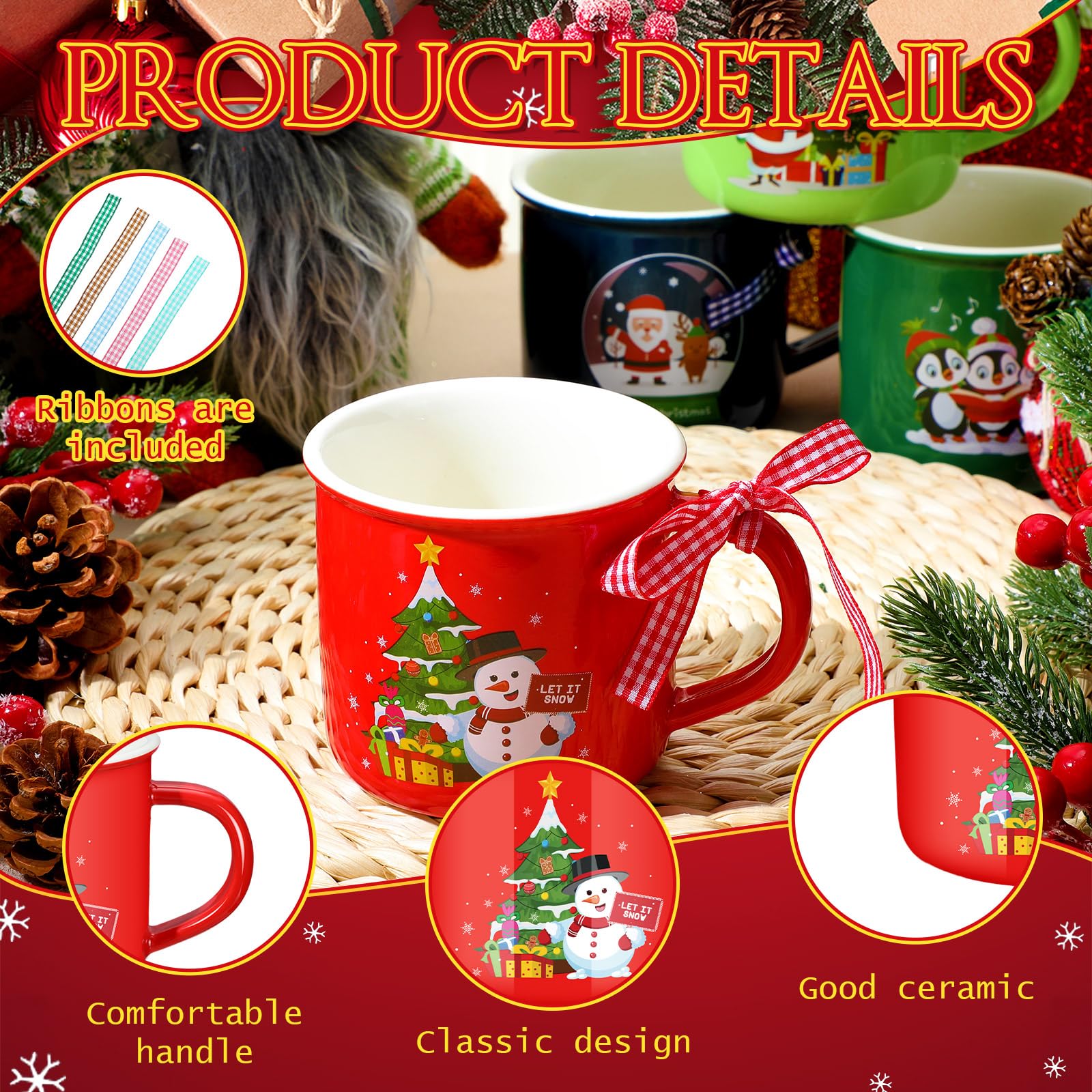 Baderke 12 tazas de cerámica de Navidad con diseño de muñeco de nieve de Papá Noel con cinta, tazas de café de Navidad de 325 ml, diseño de cacao caliente, tazas de café de vacaciones para centros de