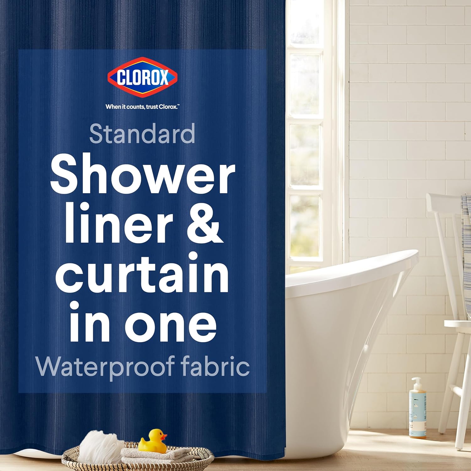 Clorox 2-in-1 Shower Curtain Liner Blue 72x72, Weighted Magnets, Water-Resistant Polyester Fabric, Machine Washable Bathroom Essential