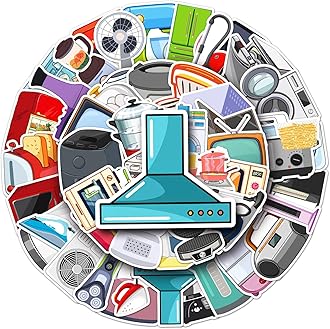 50 Packs Household Appliances Stickers Water Bottles Laptop Phone Computer Guitar Skateboard Home Appliances Vinyl Sticker Waterproof Aesthetic Trendy Decals for Kids Teens Girls Adults