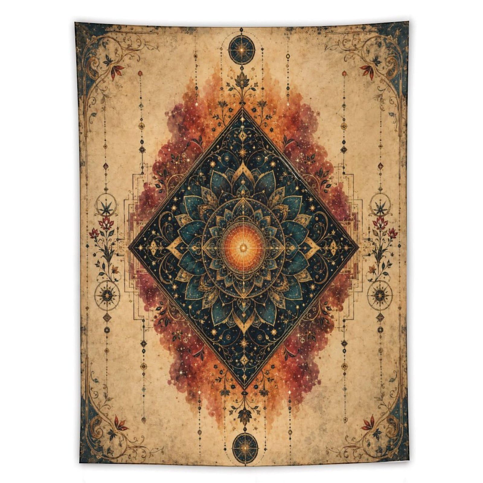 W7C8U2X3 Geometric Sun Diamond Wall Tapestry, Cubist Art Style, Bed