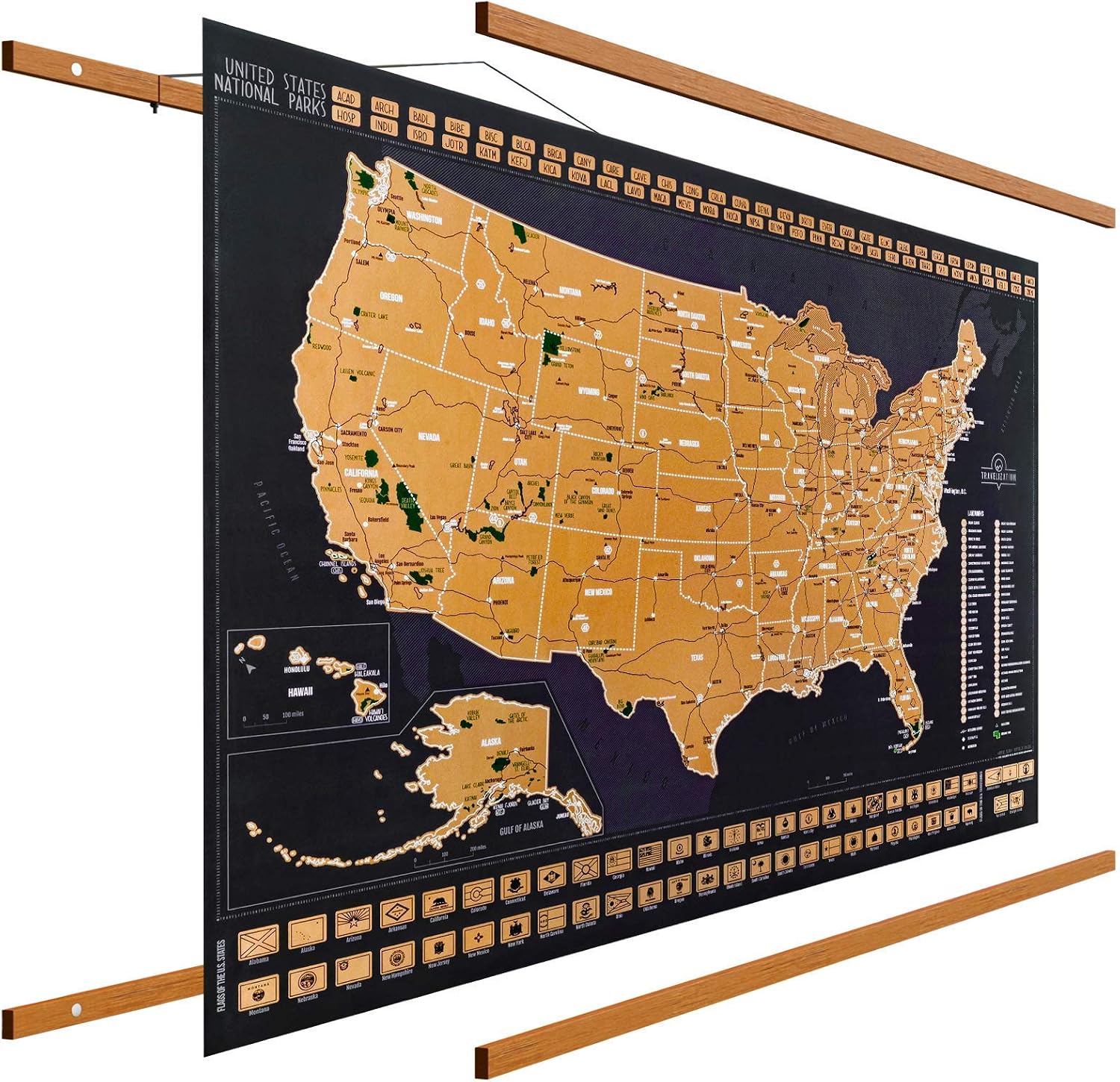 Travelization 24" Magnetic Poster Hanger Frame + 24x17 Scratch Off Map of the United States National Parks Deluxe Edition