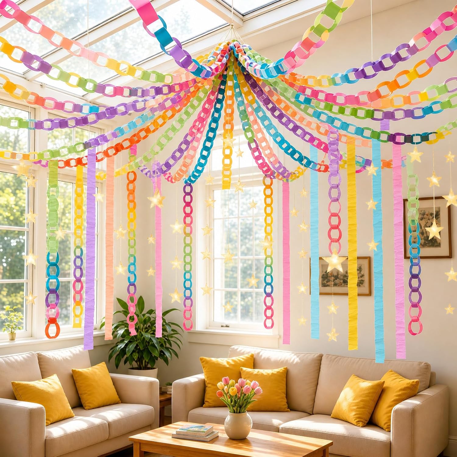 Xzentira 600 Sheet Paper Chain Garland Strips 1x8 Inch and Mirror Star Garland 13 with Double Sided Tape, DIY Construction Paper Chains for Birthday Wedding Holiday Party Decorations, Crafts Supplies