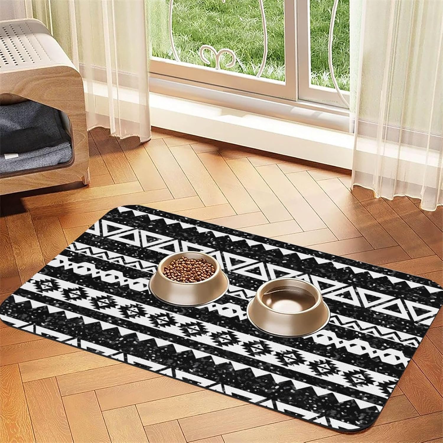 Tribal Aztec Black Glitter White Geometric Shapes Leather Absorbent Pet Feeding Mat Non-Slip for Dogs Cats 40x60cm
