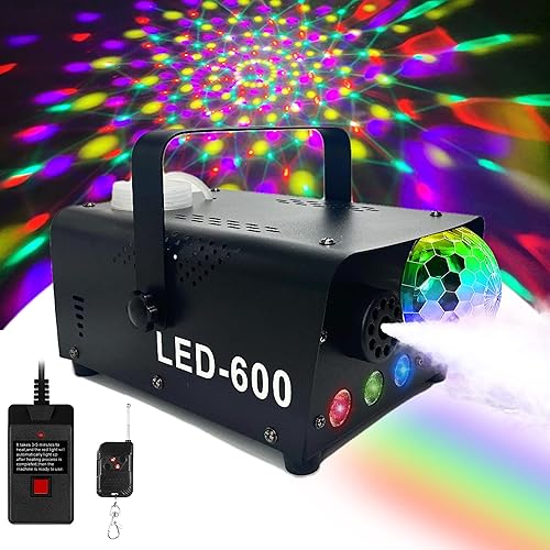 Máquina de niebla con 7 lámparas de bola de discoteca de color y luces LED RGB, 600 W, 2300 CFM, máquina automática de humo con control remoto