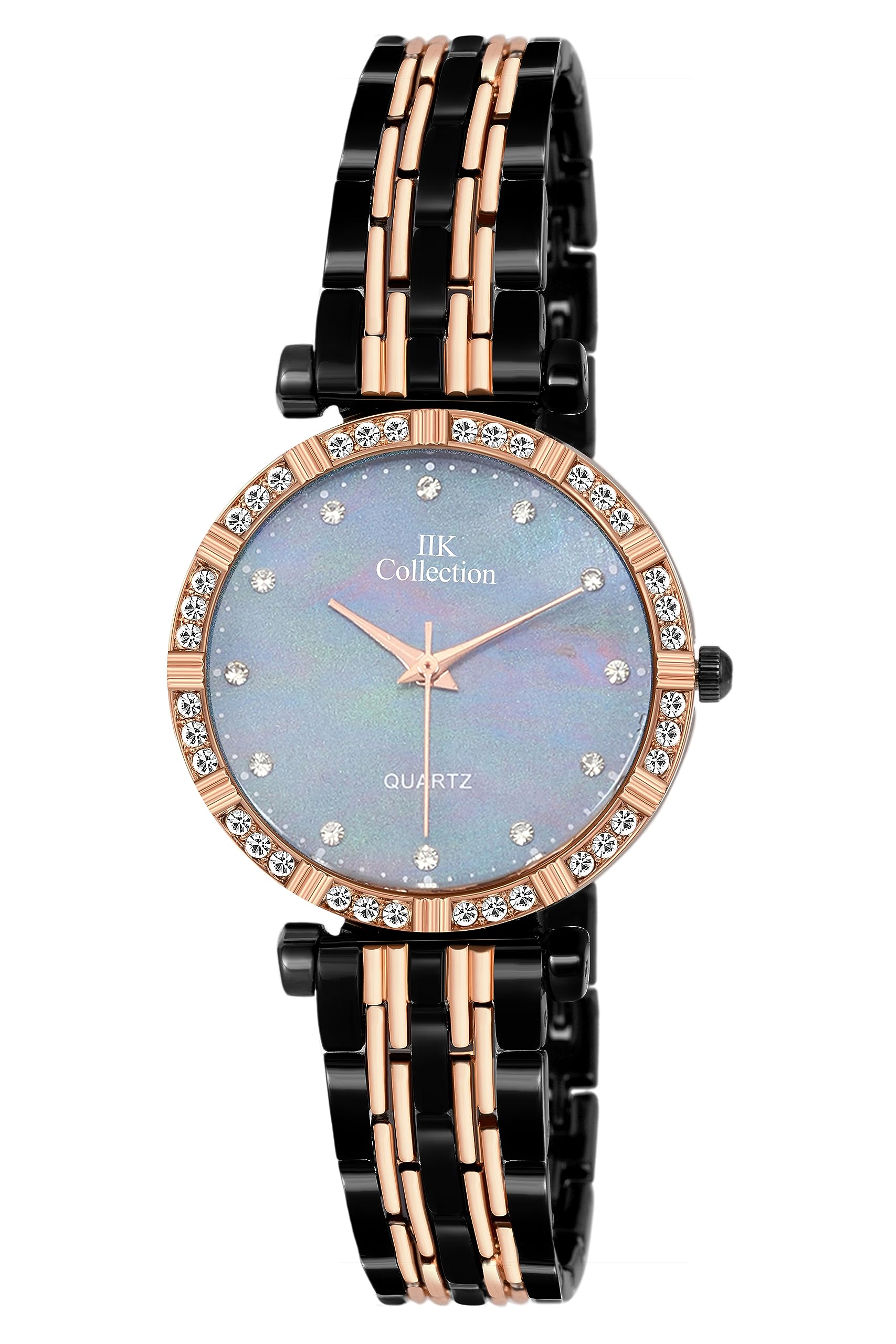 IIK COLLECTION Watches for Women Round Studded Dial |Analogue Quartz Movemnet Ladies Watch|Long Battery Life|Stainless Steel Adjustable Bracelet Chain Strap|Double Lock Clasp Safety Watches for Girls