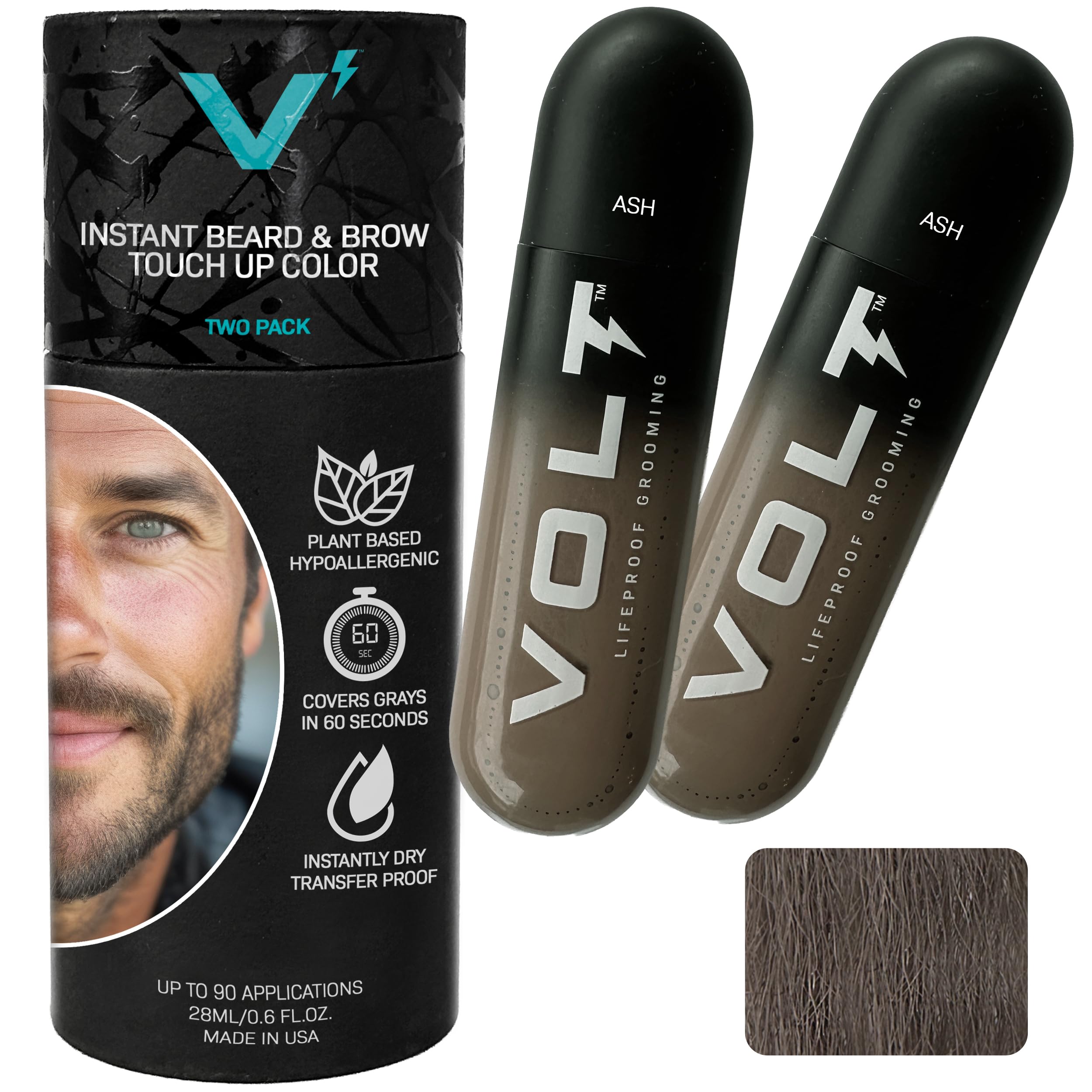 Grooming Instant Beard Color ECO 2 Pack Refill - Smudge and Water Resistant Quick Drying Brush on Color for Beards, Mustaches, and Eyebrows, Ash (Gray/Brown)