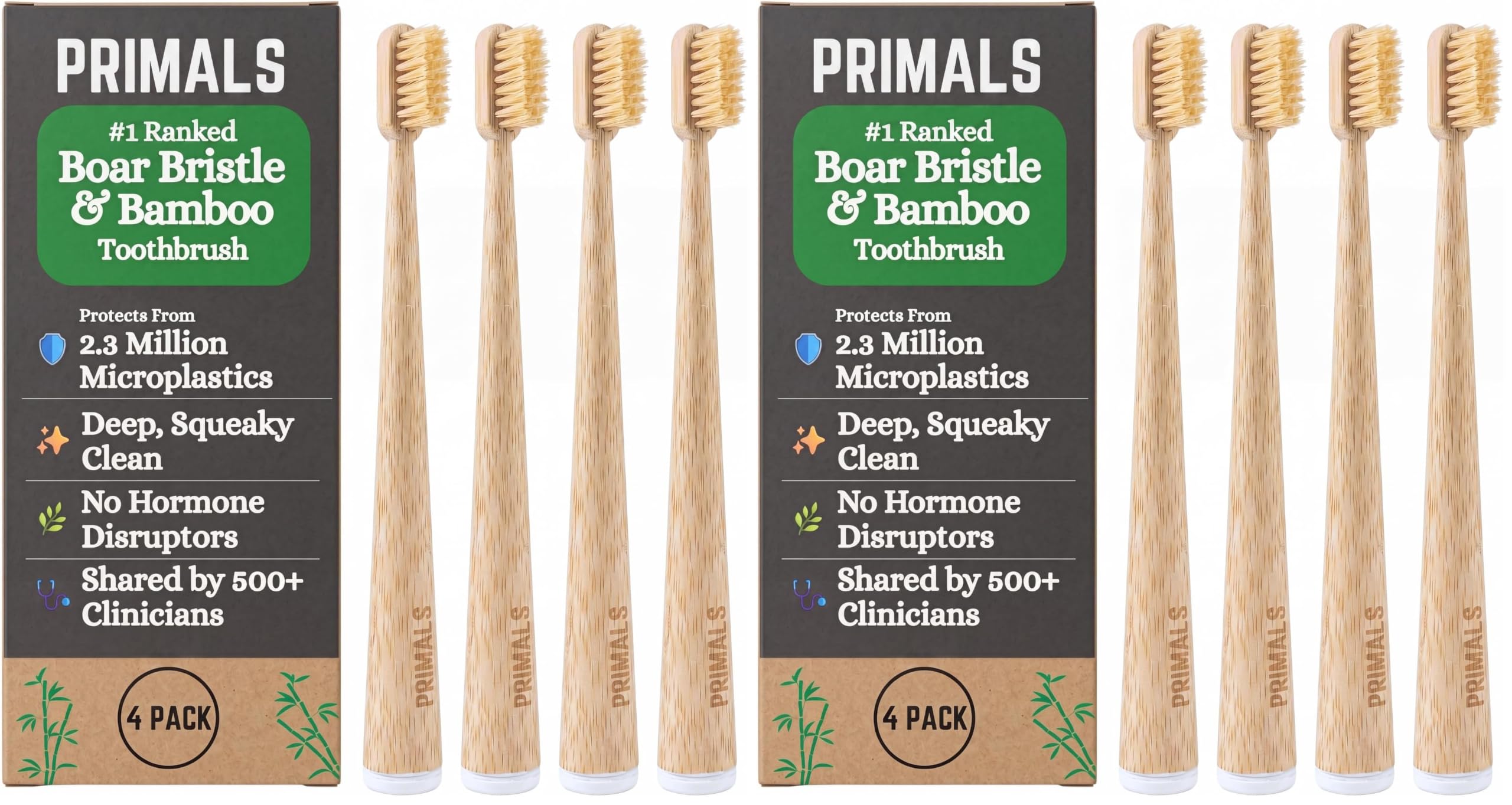 PRIMALS Boar Bristle &amp; Bamboo Toothbrush (8-Pack) - Premium Boar Bristles - Fully Biodegradable - Plastic &amp; Nylon Free - Quick Dry Design