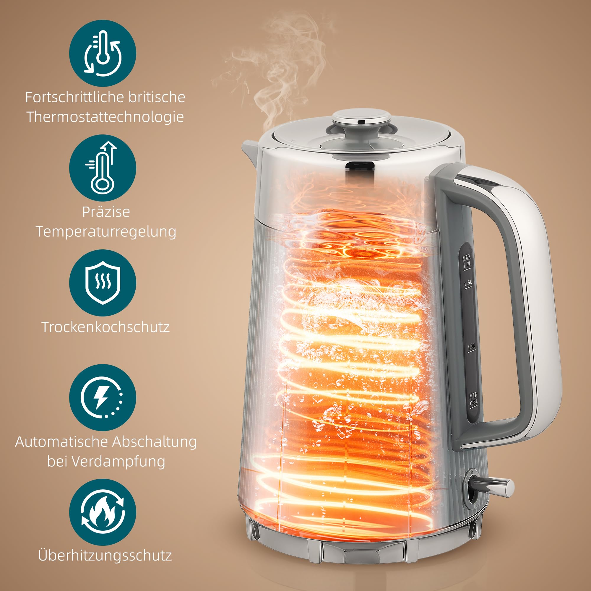 HOMCOM Juego de tostadora para hervidor de agua, 1,7 L, 2200 W, hervidor de agua rápido con interior de acero inoxidable, filtro de descalcificación, carcasa de sensación de refrigeración, termostato