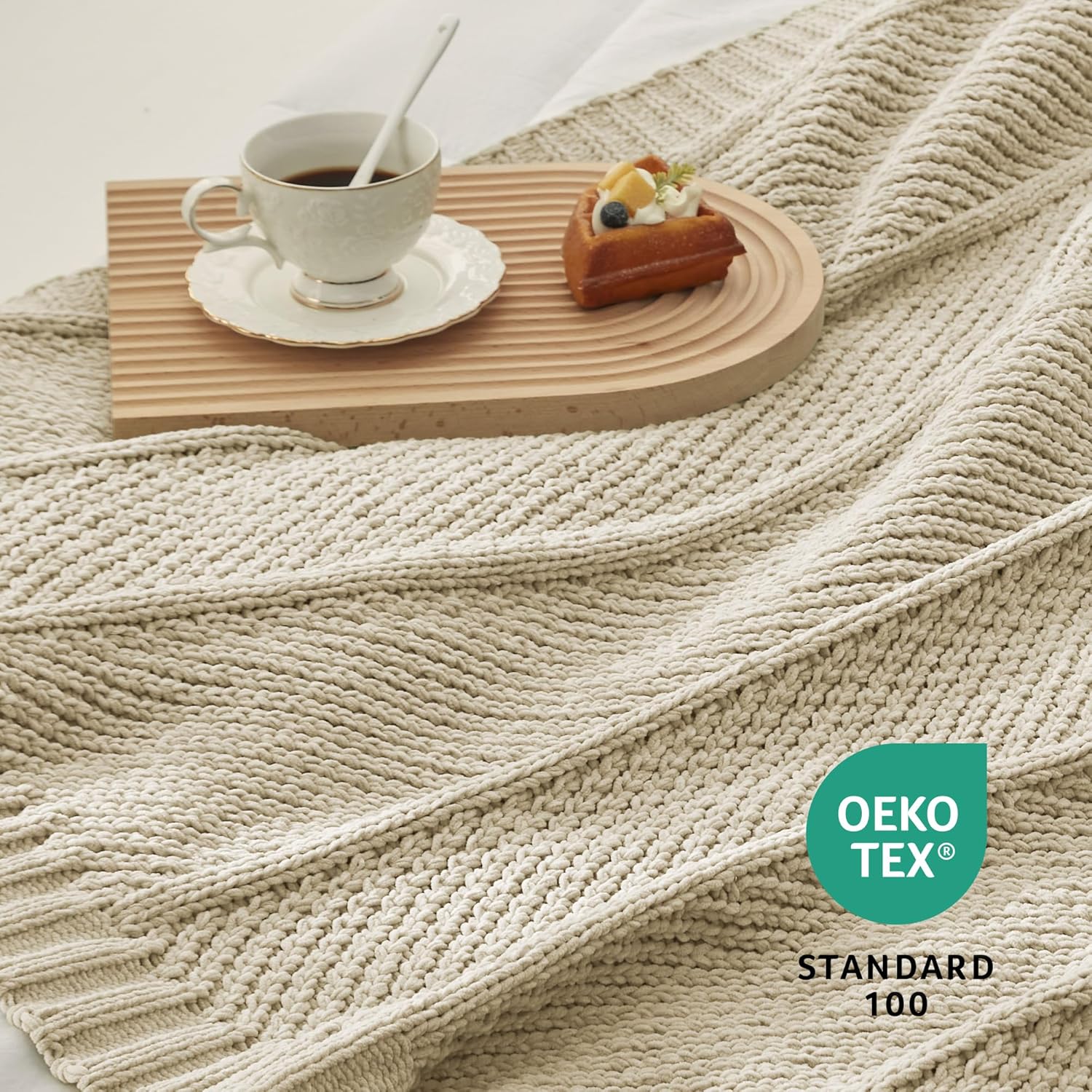 Amélie Home Chevron Chenille Knit Throw Blanket for Couch, Cozy Texture Decorative Soft Blanket for Sofa & Chair, 50"x60", Beige - Image 7