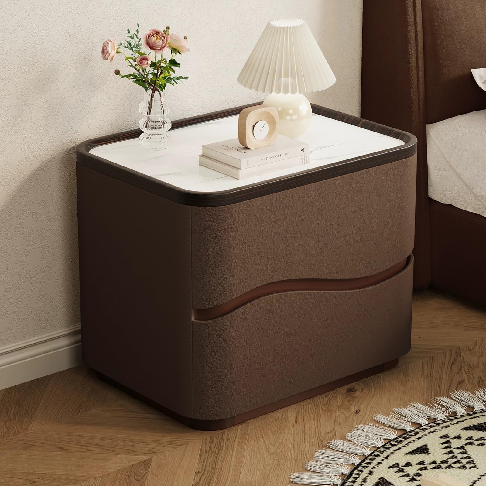 SXZenSpace Bedside Table with 2 Drawer, Solid Wood Nightstand Slab Tabletop Modern Night Stand Wooden Furniture for Bedroom(Brown,40x40x50cm)