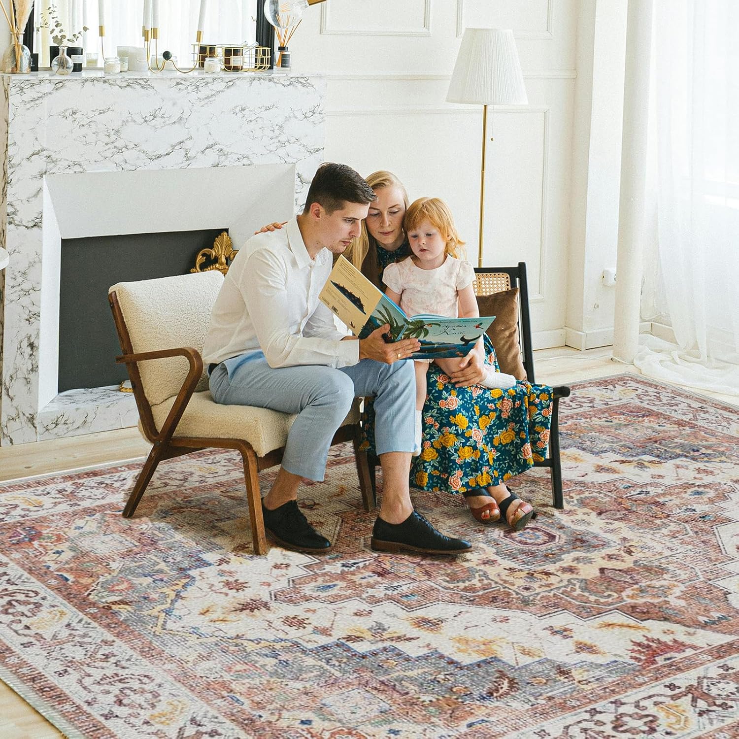 Washable Area Rug 5x7, Large Soft Rugs for Living Room, Non-Slip Stain Resistant Boho Chic Vintage Carpet for Bedroom Dining Room (Cherry)