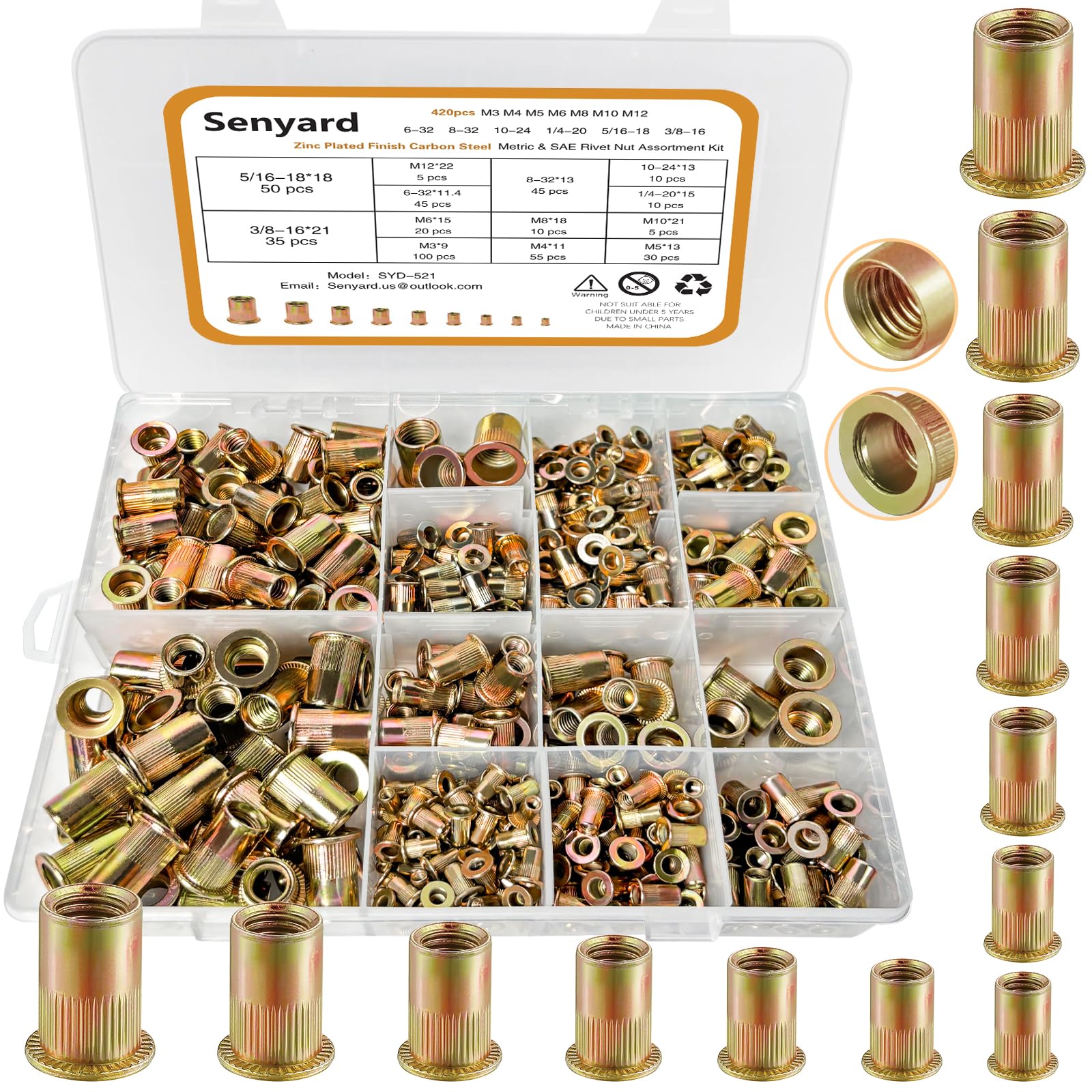 Metric & SAE Rivet Nuts Assortment Kit(420 Pcs), m3 m4 m5 m6 m8 m10 m12#6-32#8-32#10-24 1/4"-20 5/16"-18 3/8"-16 UNC Rivet nut, Zinc Plated Finish Carbon Steel Rivnut