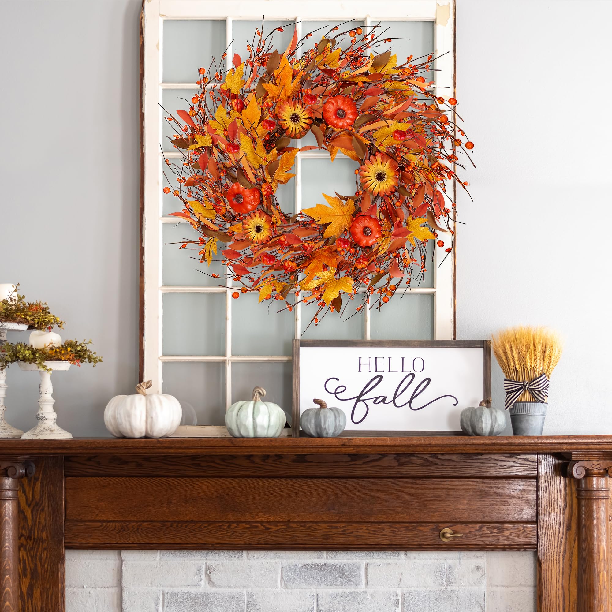 Ghirlanda Frutta Finta Ghirlanda Autunnale Kuimen 56cm - Con Mele, Bacche E Foglie D'Acero