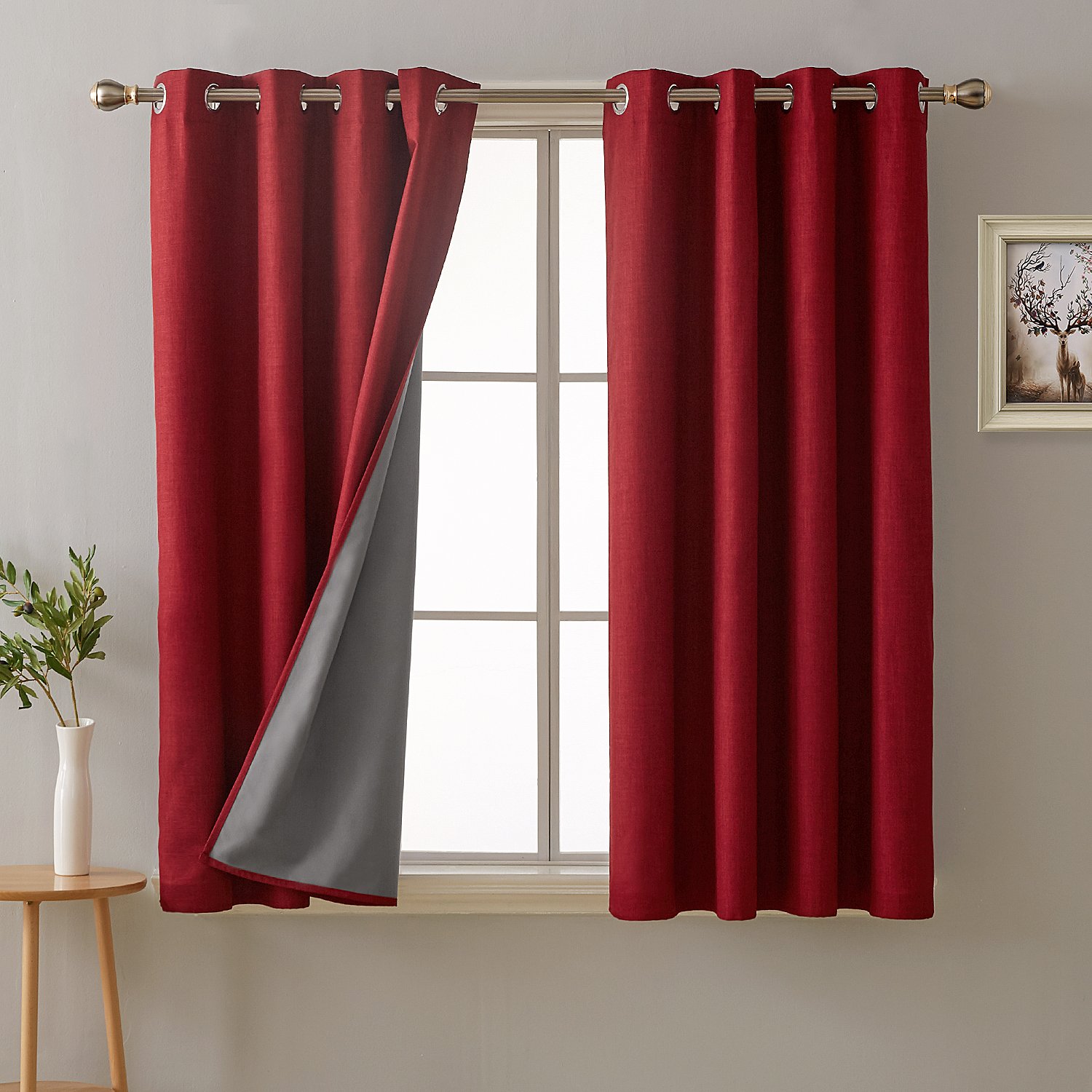 Deconovo Full Blackout Curtains Faux Linen Thermal Insulated Eyelet Curtains for Christmas Bedroom Living Room with Energy Saving Coating Red W46 x L54 One Pair