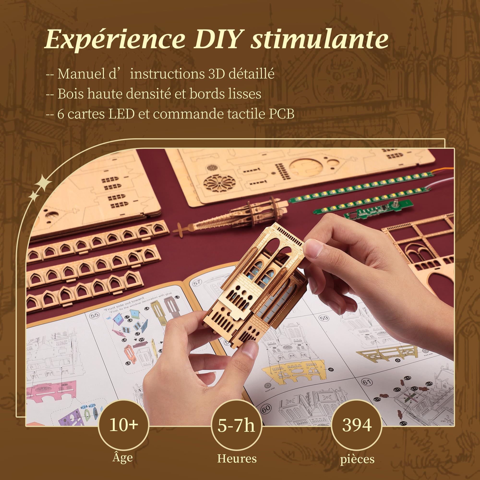 FUNPOLA Puzzle 3D en Bois LED Notre Dame de Paris – Modèle Architectural Lumineux