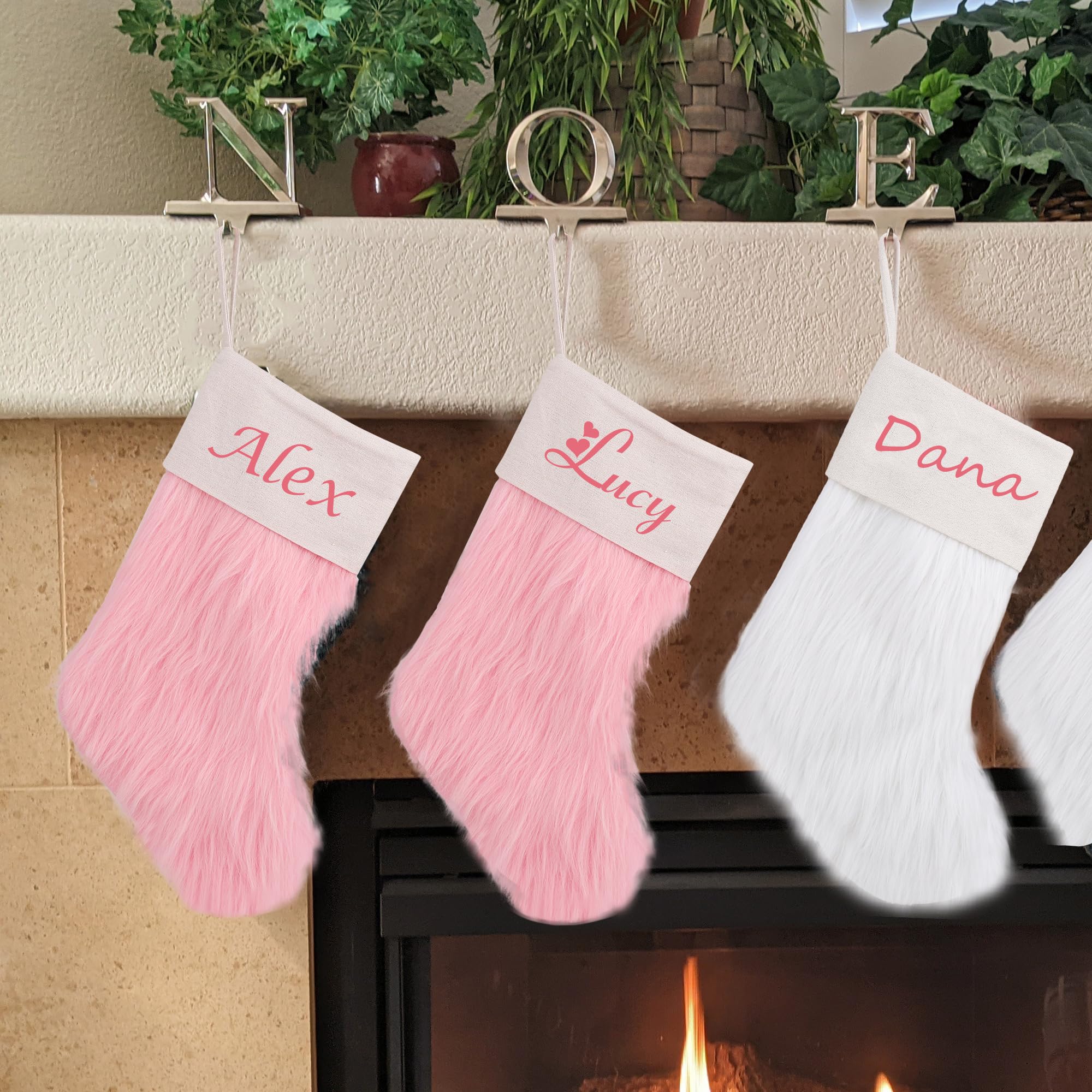Calza Natalizia in Finta Pelliccia Rosa con Nome Personalizzato Decorazioni Natalizie Calzini da Appendere Ornamenti Camino Decorazioni Ornamenti