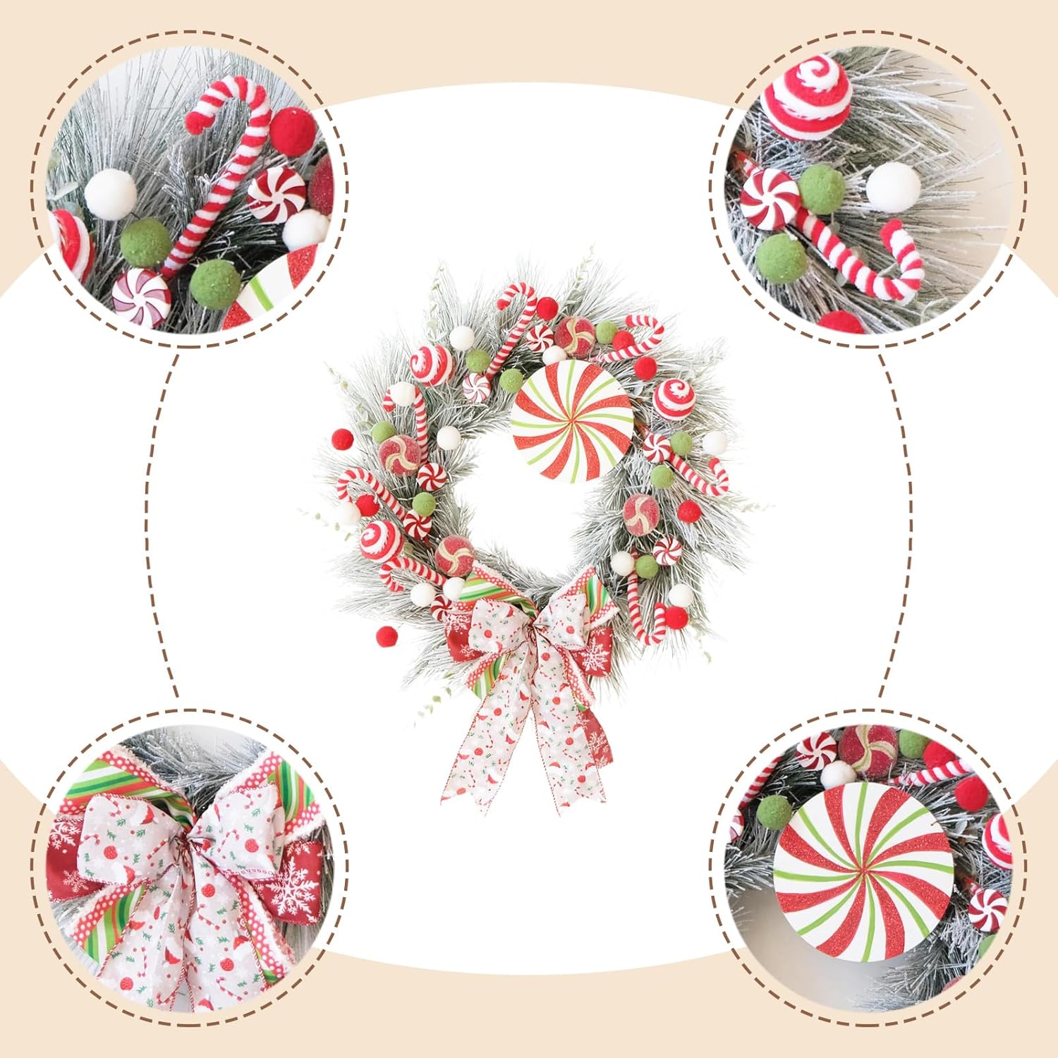 24-inch Christmas Wreath Handcrafted White Pine Needle Red Soft Candy Ball Bow Wreath Christmas Front Door Fireplace Corridor Decoration Winter Festival Party Wedding Office Decoration - Image 3