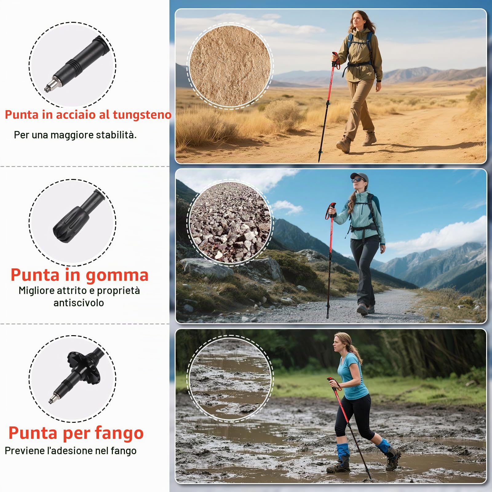 Ninonly Bastoncini Trekking Telescopico in Carbonio, Bastoni da Passeggio Nordic Walking per Uomini e Donne, Racchette Trekking Leggeri con 3 Punte, Portata 150kg per Escursionismo e Alpinismo
