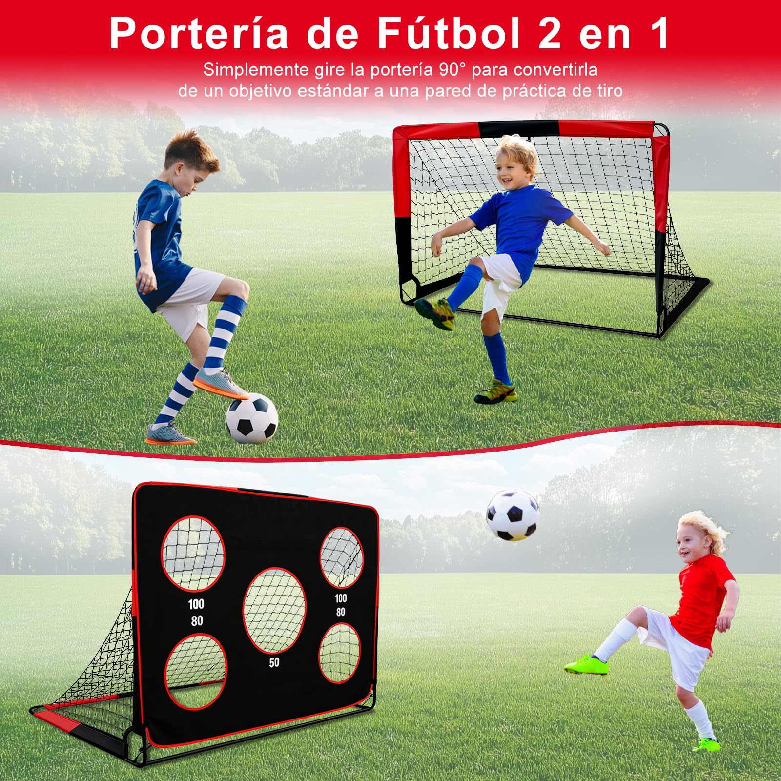 Portería de fútbol infantil 2 en 1 plegable con bolsa de transporte