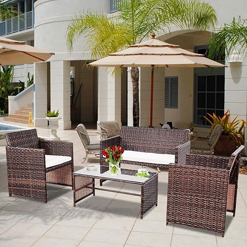 Tangkula AM1485HM Rattan Sofas Garden Lawn Poolside Cushioned Seat 4 pcs Wicker Set Outdoor Patio Furniture, Brown 002