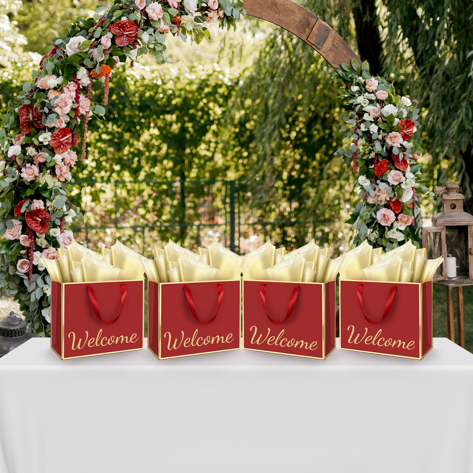 ReliThick 12 Pack Metallic Paper Gift Bag with Handles and Tissue Paper 11.8 x 10 x 4'' Thank You Favor Bag for Graduation Mother's Day Wedding Bridesmaid Groomsman 5 Senses Gifts (Burgundy Red,Gold)