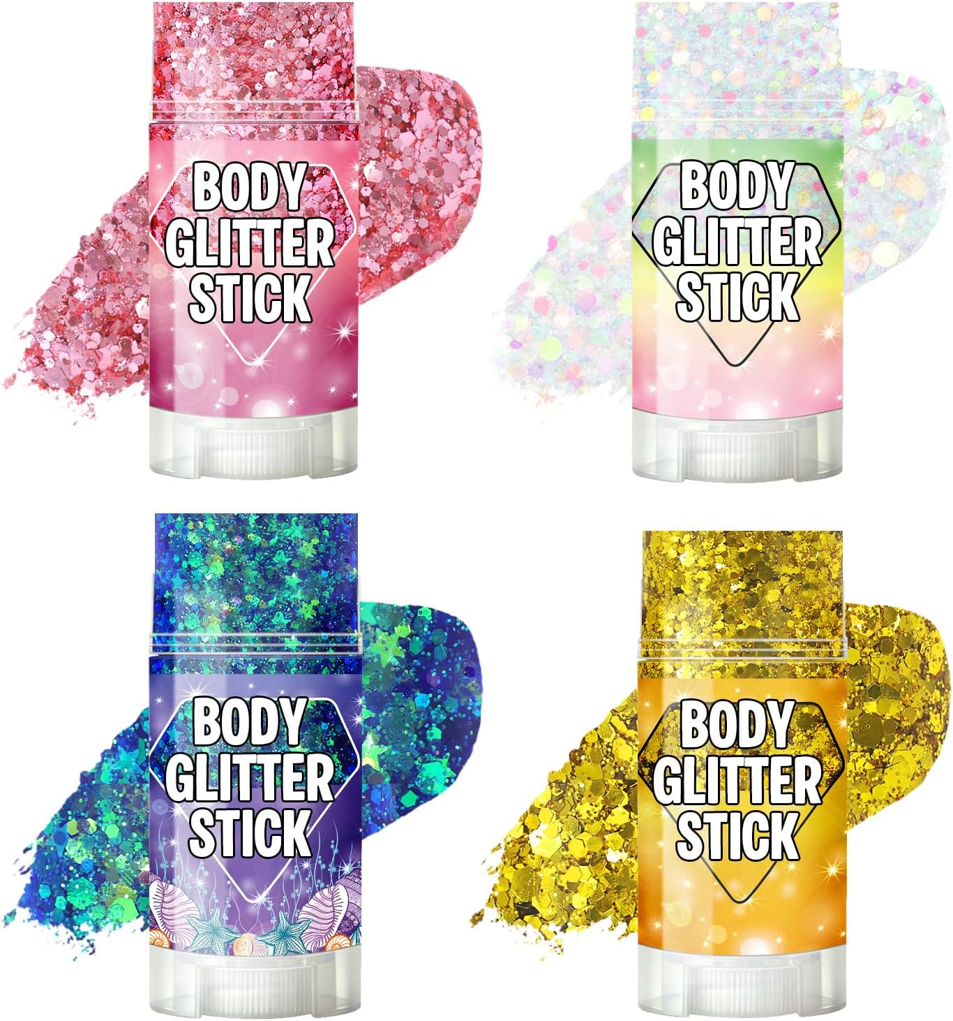4Pcs Body Glitter Stick Set (Dazzle White/Pink/Mermaid/Gold) Each 0.56oz