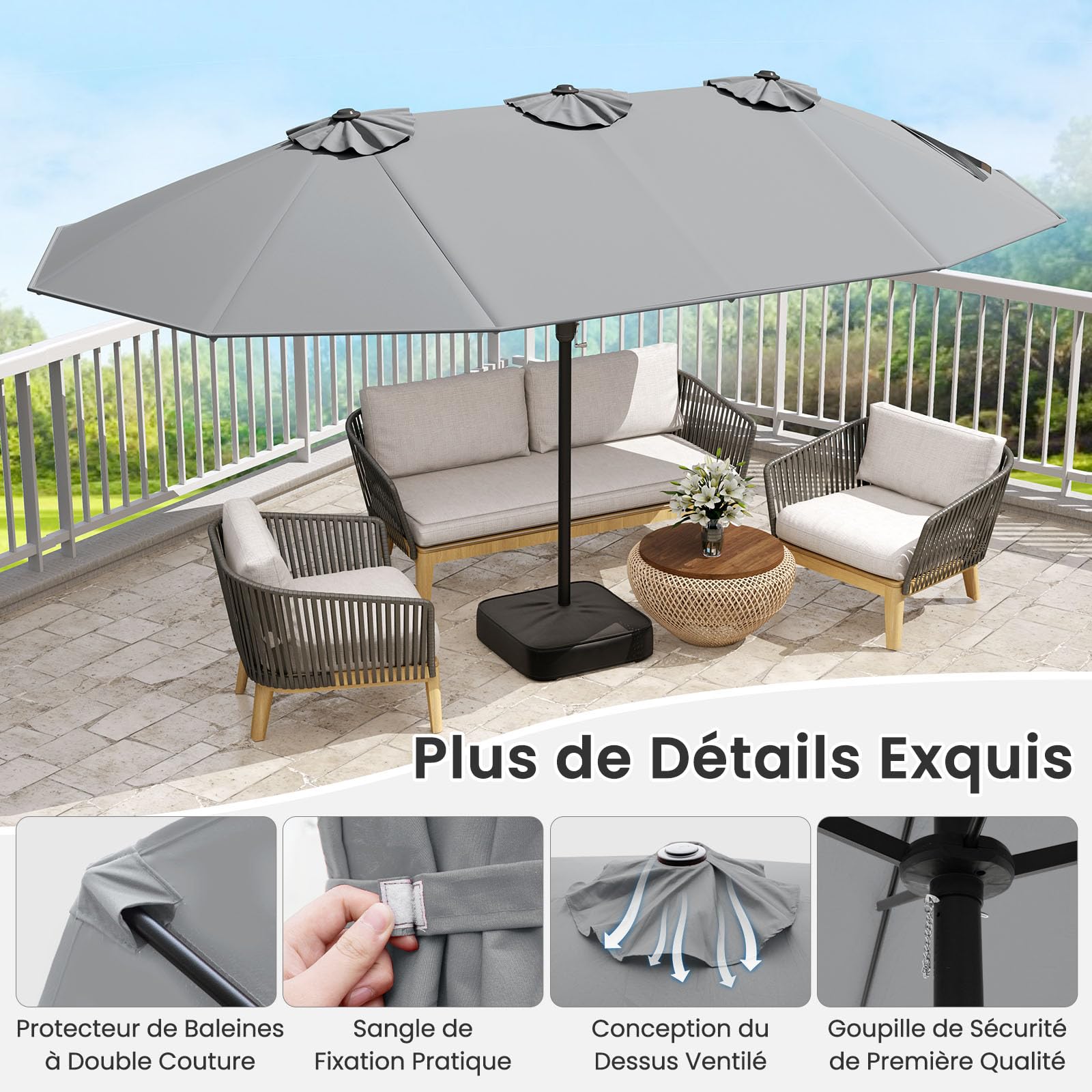 COSTWAY Parasol de Jardin Extérieur XXL avec Pied, Double 4,5 m, 12 Baleines en Métal, 2 Sacs de Sable, Manivelle, Grand Parasol pour 6 Personnes, pour Terrasse, Jardin, Piscine (Gris)