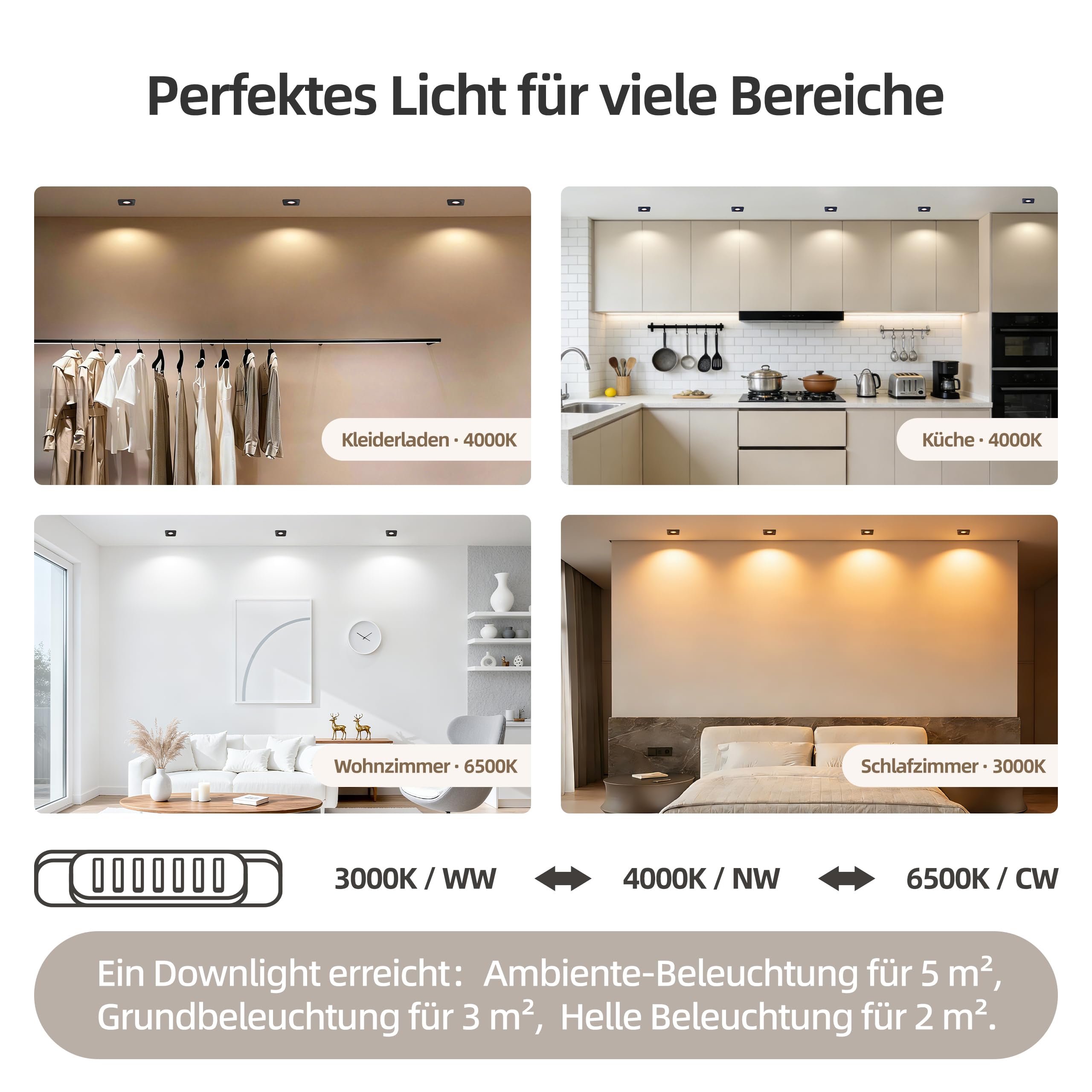 3er Einbaustrahler LED Dimmbar Deckenpots IP65, 5W 550lm Einbauspots 230V Modul, 3000K/ 4000K/ 6500K für Bad Flur, CRI90+ Ø78mm